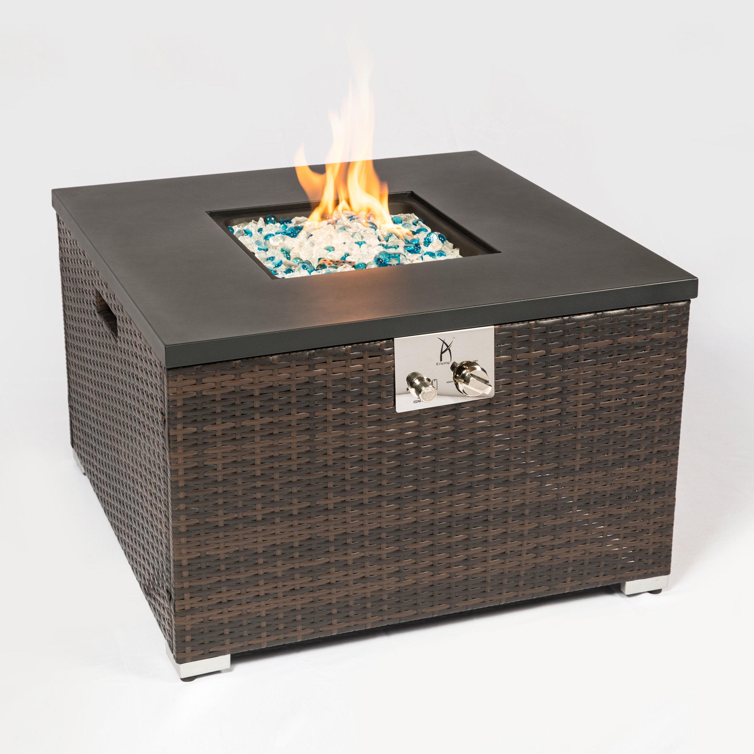 32inch Outdoor Gas Fire Pit with Glass Rocks in Mixing Colors and Metal Cover Lid and Waterproof Rain Cover-CASAINC