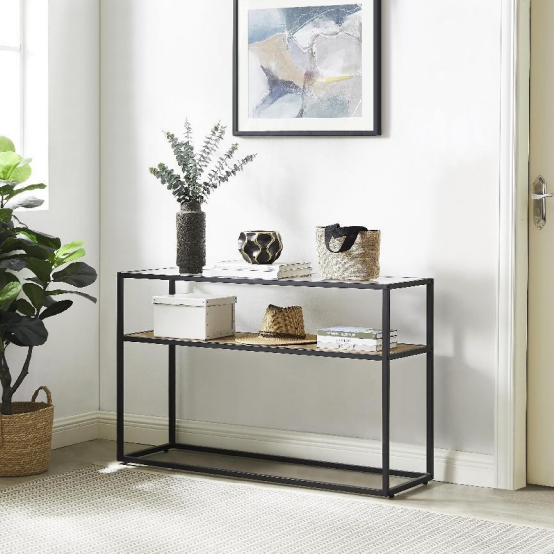48.03" Glass Console Sofa Table, Modern Open Hallway Table, Narrow Entryway Table,  2 Shelves Couch Side Table with Adjustable Feet,Black Metal Reversable Chevron Oak and Pine