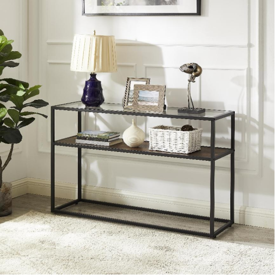48.03" Glass Console Sofa Table, Modern Open Hallway Table, Narrow Entryway Table,  2 Shelves Couch Side Table with Adjustable Feet,Black Metal Reversable Walnut and Cement ash