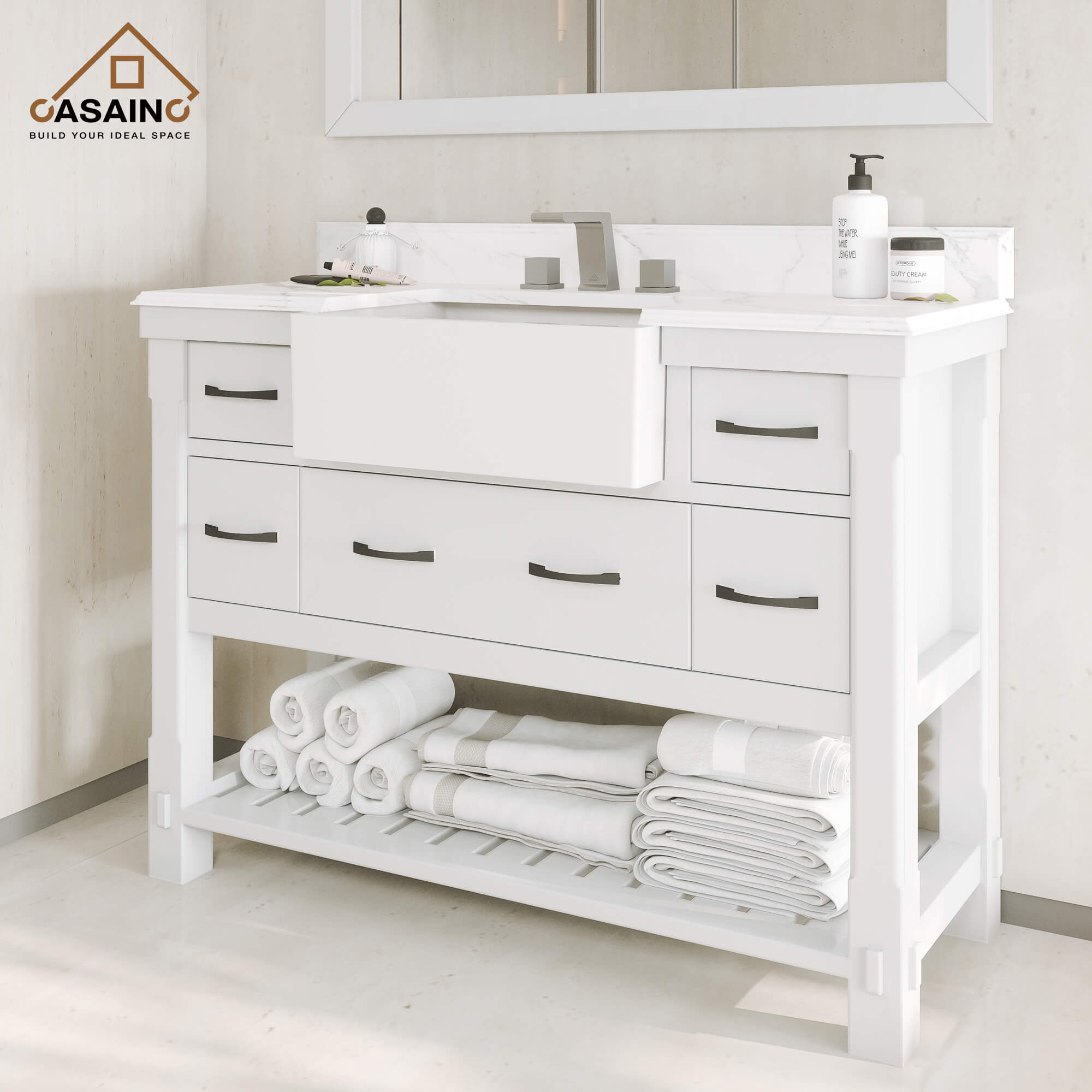 48" Farmhouse Sink Bathroom Vanity with Shelf in White/Grey
