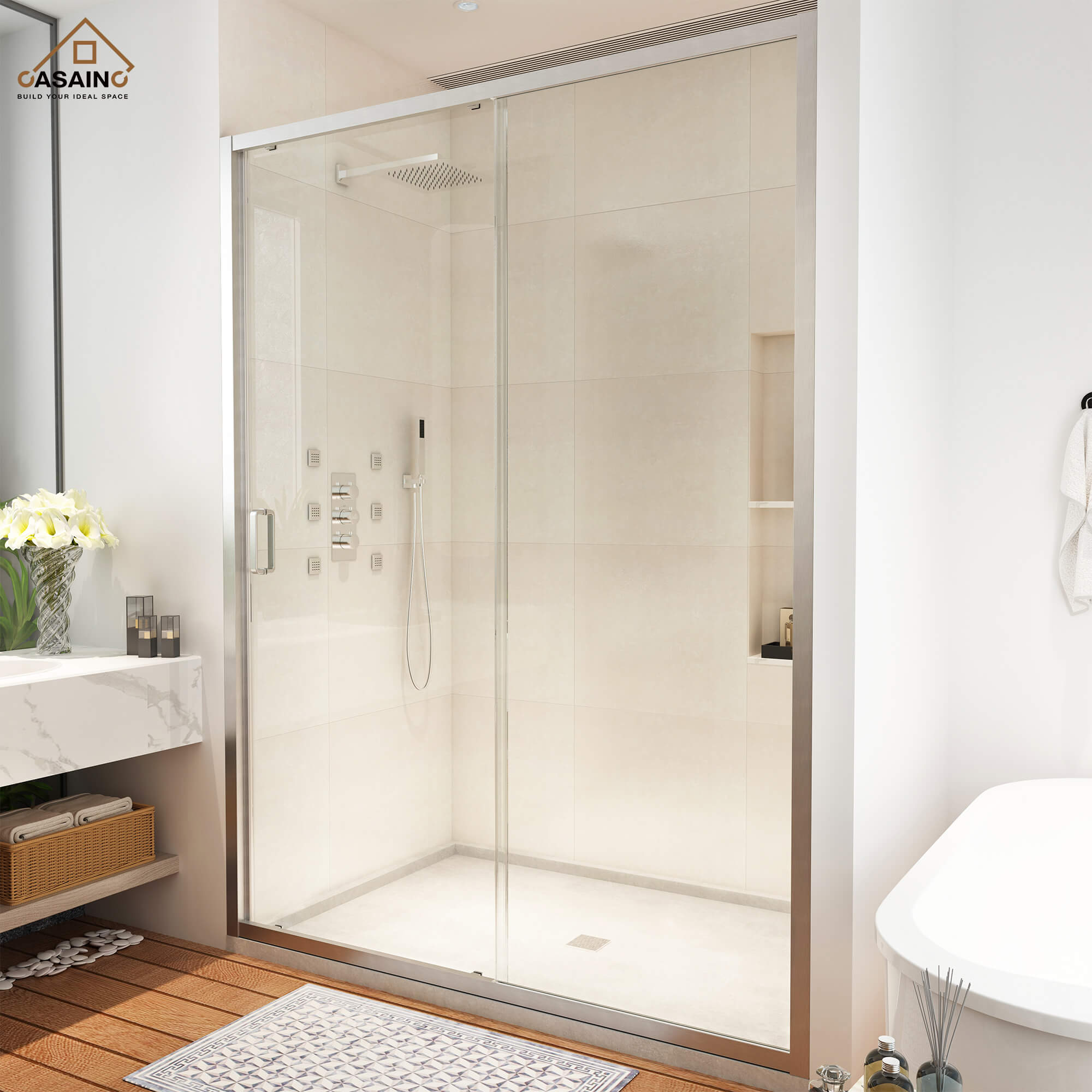 48" x 72" Framed Single Sliding Shower Door in Chrome/Brushed Nickel/M