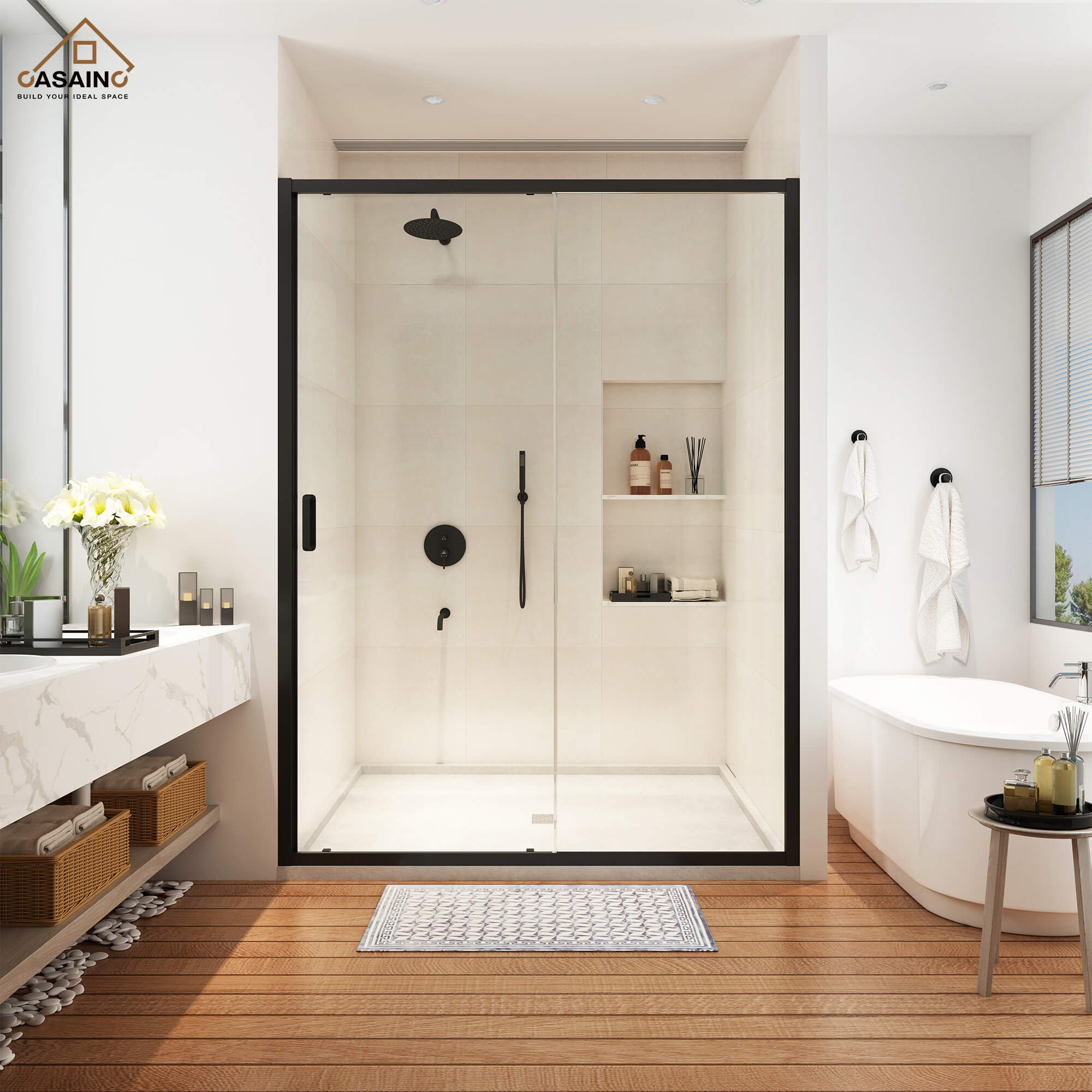 CASAINC Frameless Double Shower Door, 48 Width, 76 Height, 5/16(8mm)  Thick Clear Tempered Glass, Brushed Nickel Finish, Water Repellent 