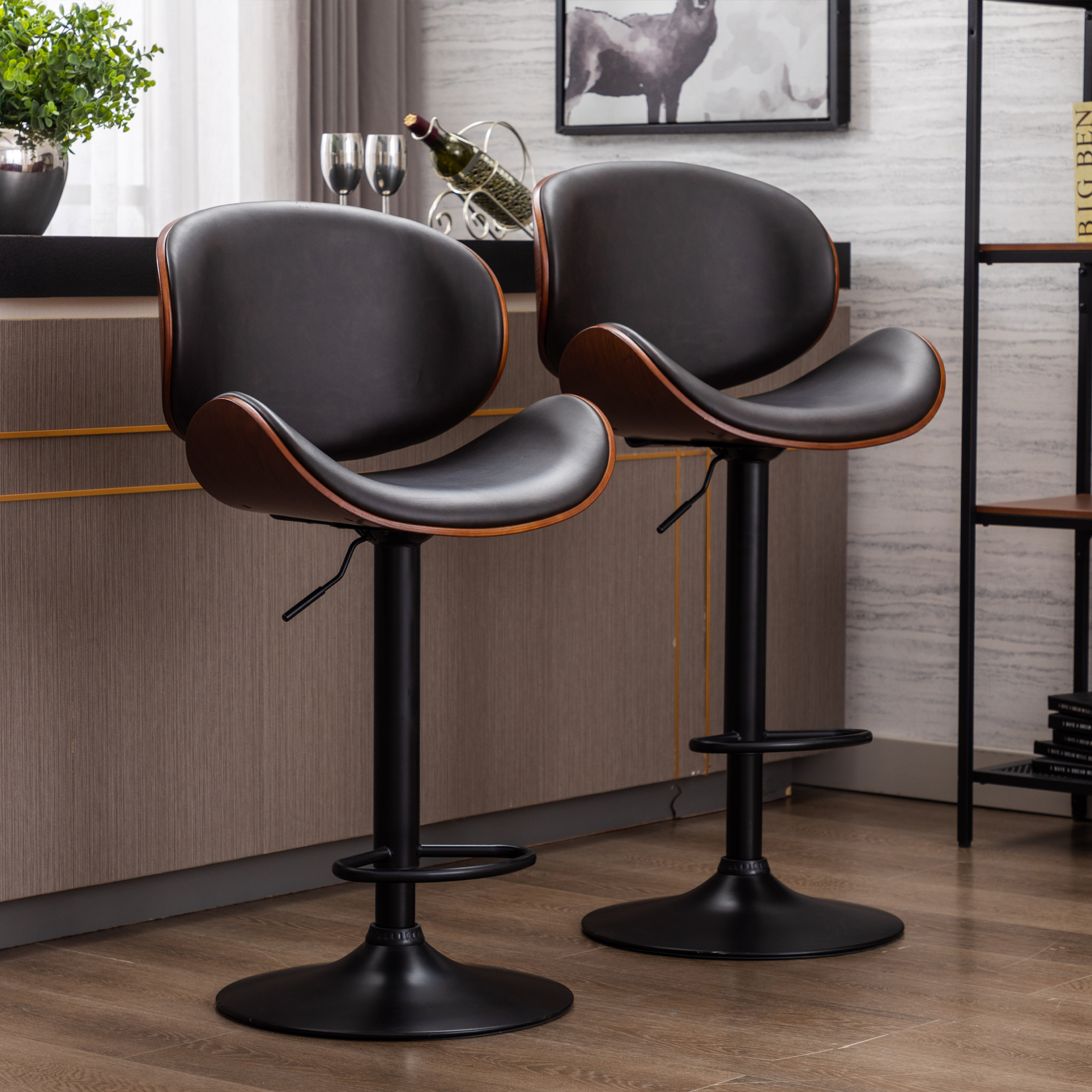 HengMing Bentwood Adjustable  Bar Stools , Upholstered Swivel Barstool, Mix color PU Leather  
  Barstools (Set of 2)-CASAINC