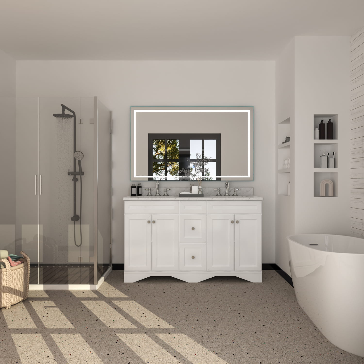 CASAINC 60 x 22 x 35.4 in. Solid Wood Bath Vanity with Marble Top and Backsplash in Gray/White (No/With Mirror)