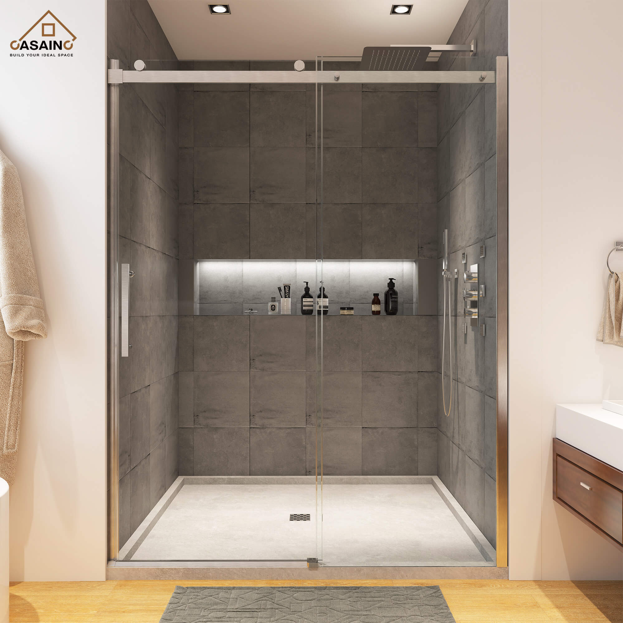 48"x76" Frameless Single Sliding Shower Door in Matte Black/Chrome/Bru