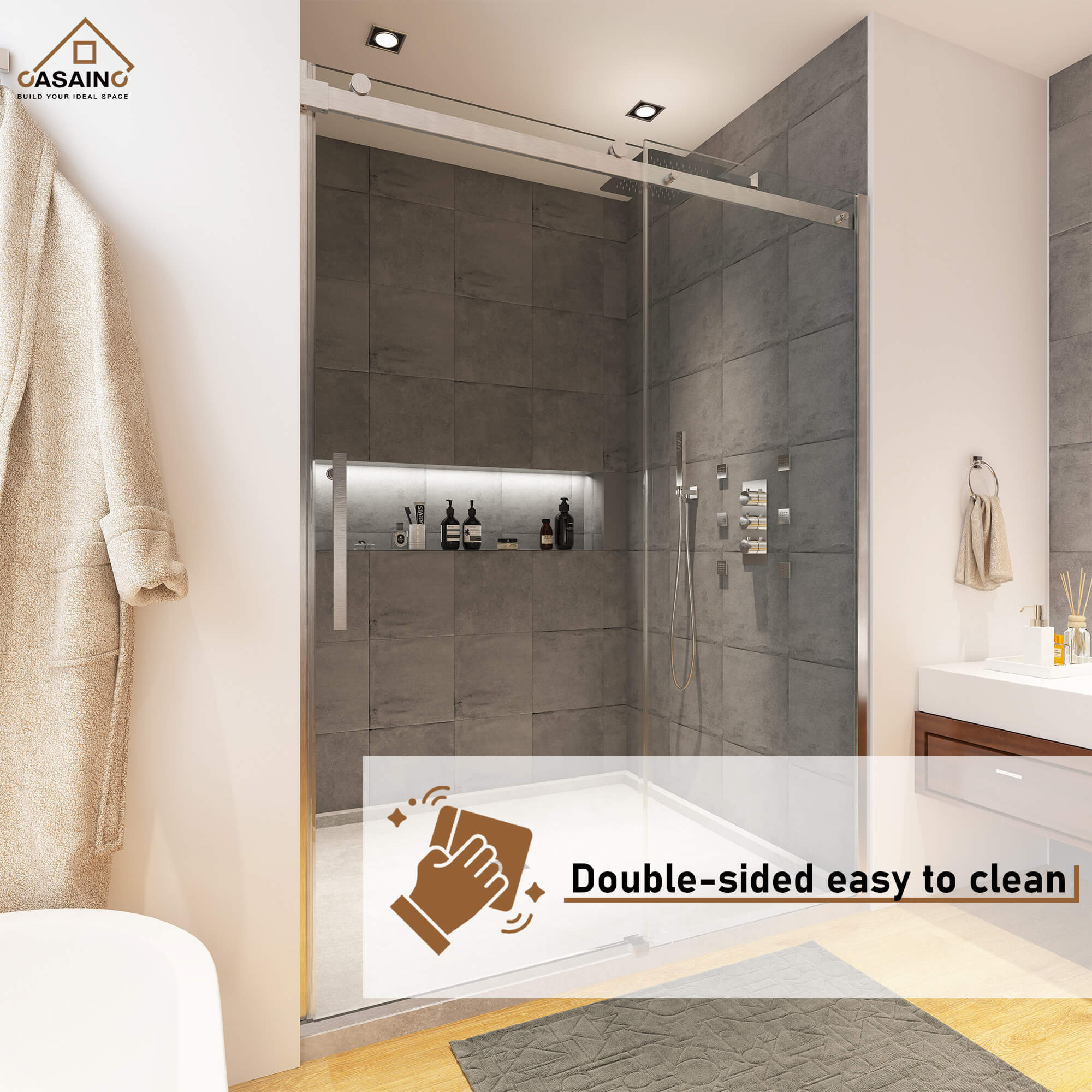 48"x76" Frameless Single Sliding Shower Door in Matte Black/Chrome/Bru