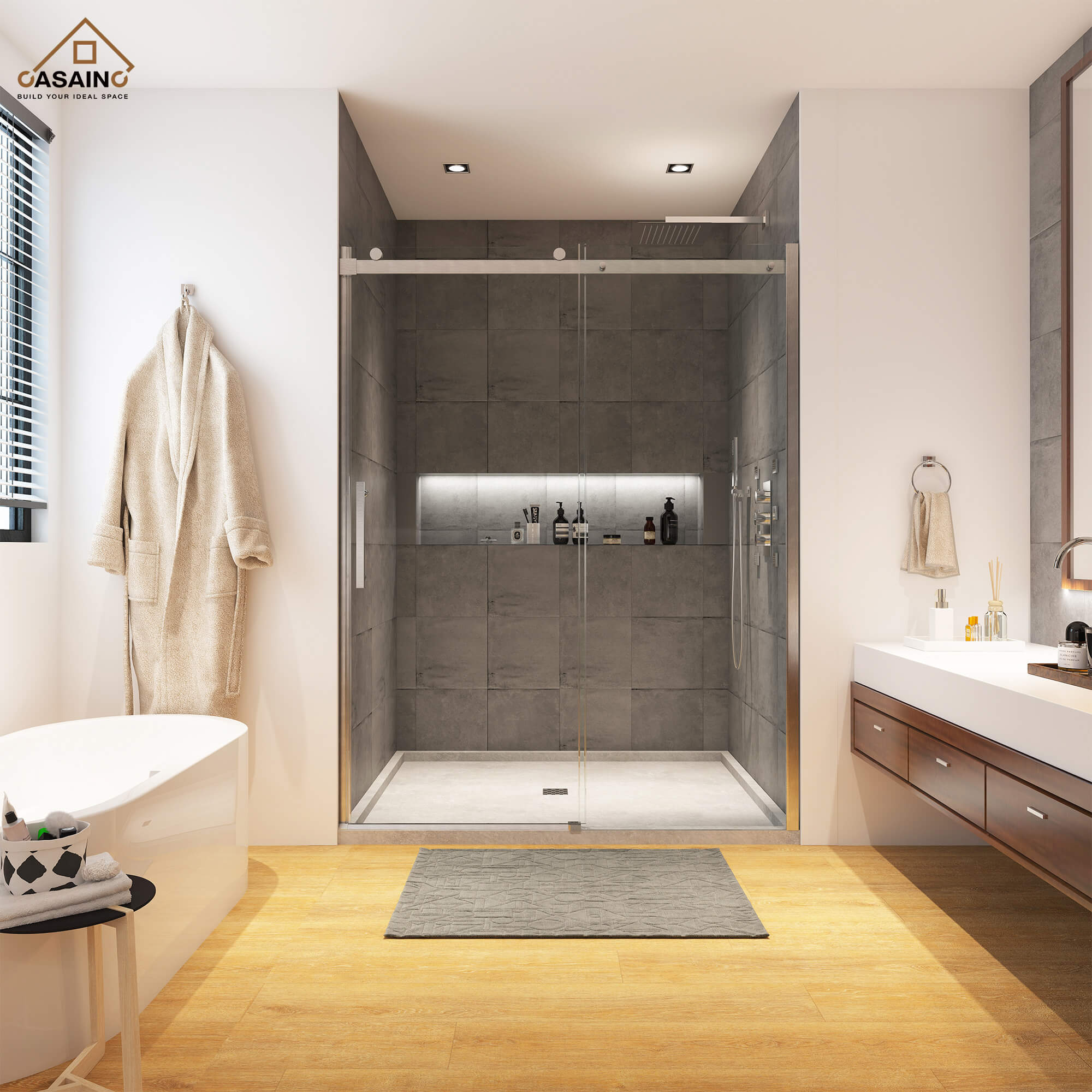 48"x76" Frameless Single Sliding Shower Door in Matte Black/Chrome/Bru