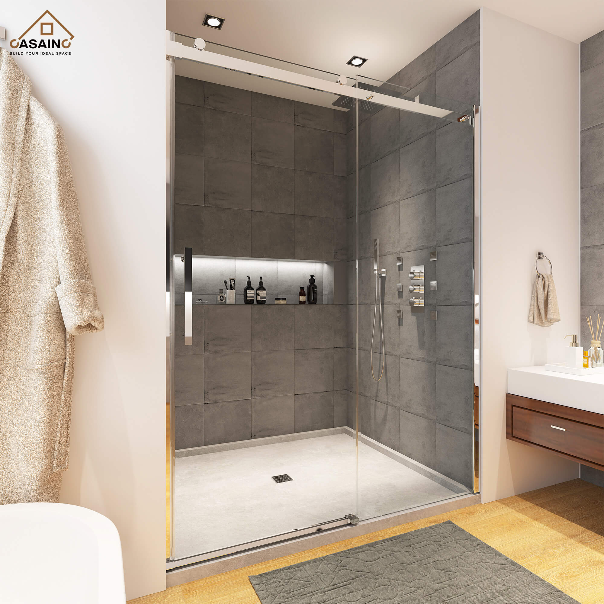 48"x76" Frameless Single Sliding Shower Door in Matte Black/Chrome/Bru