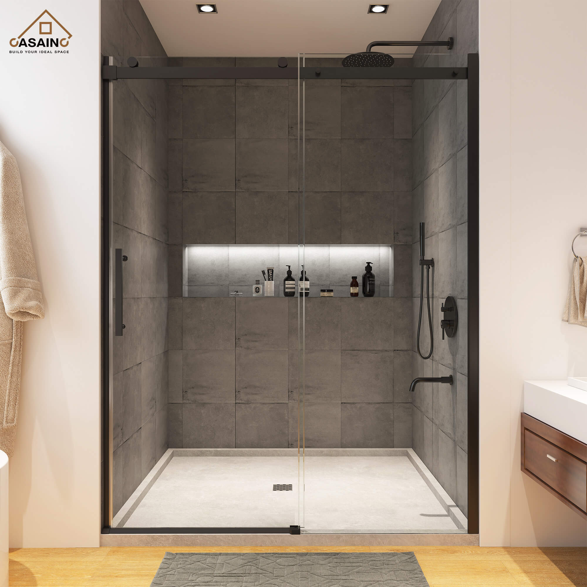 48"x76" Frameless Single Sliding Shower Door in Matte Black/Chrome/Bru