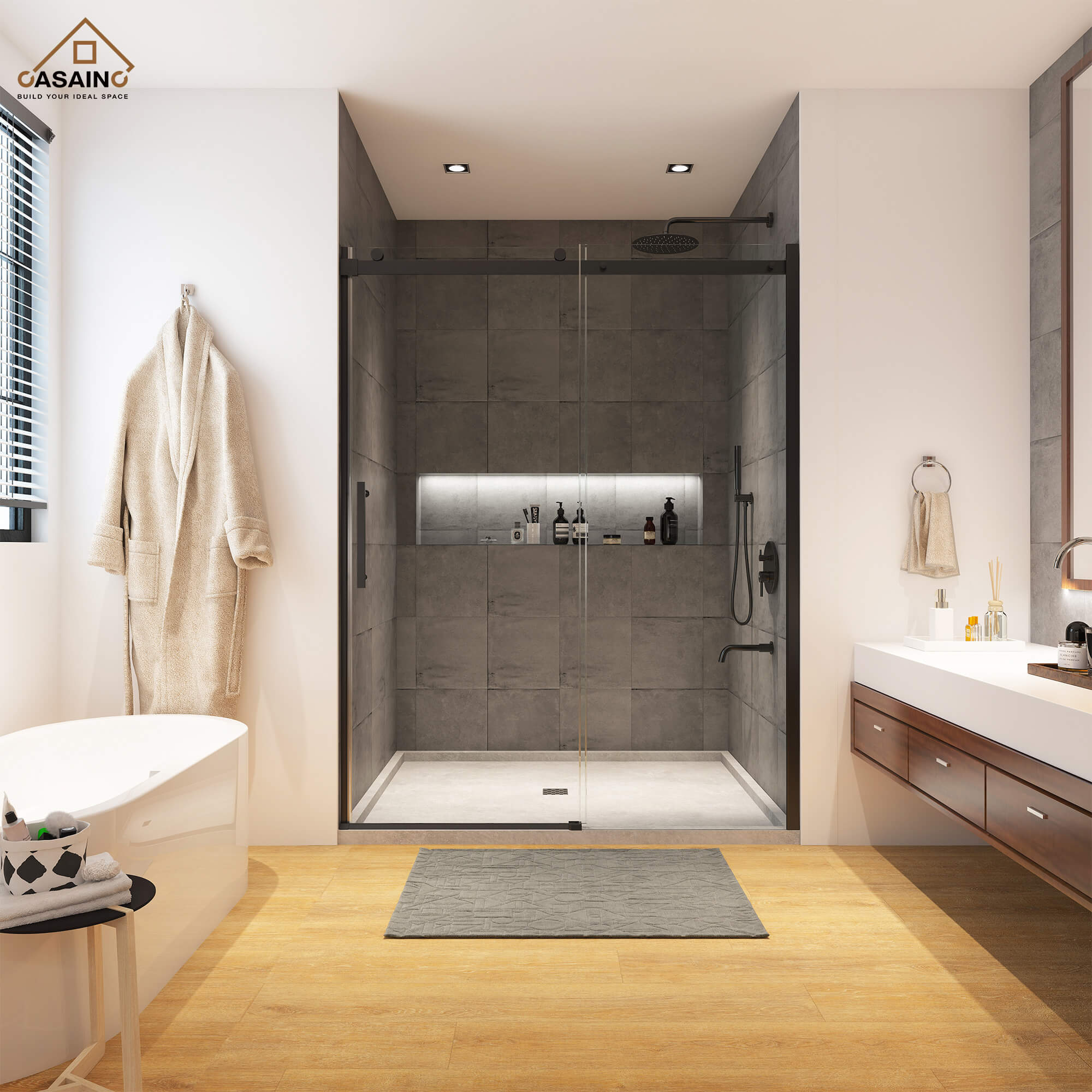 48"x76" Frameless Single Sliding Shower Door in Matte Black/Chrome/Bru