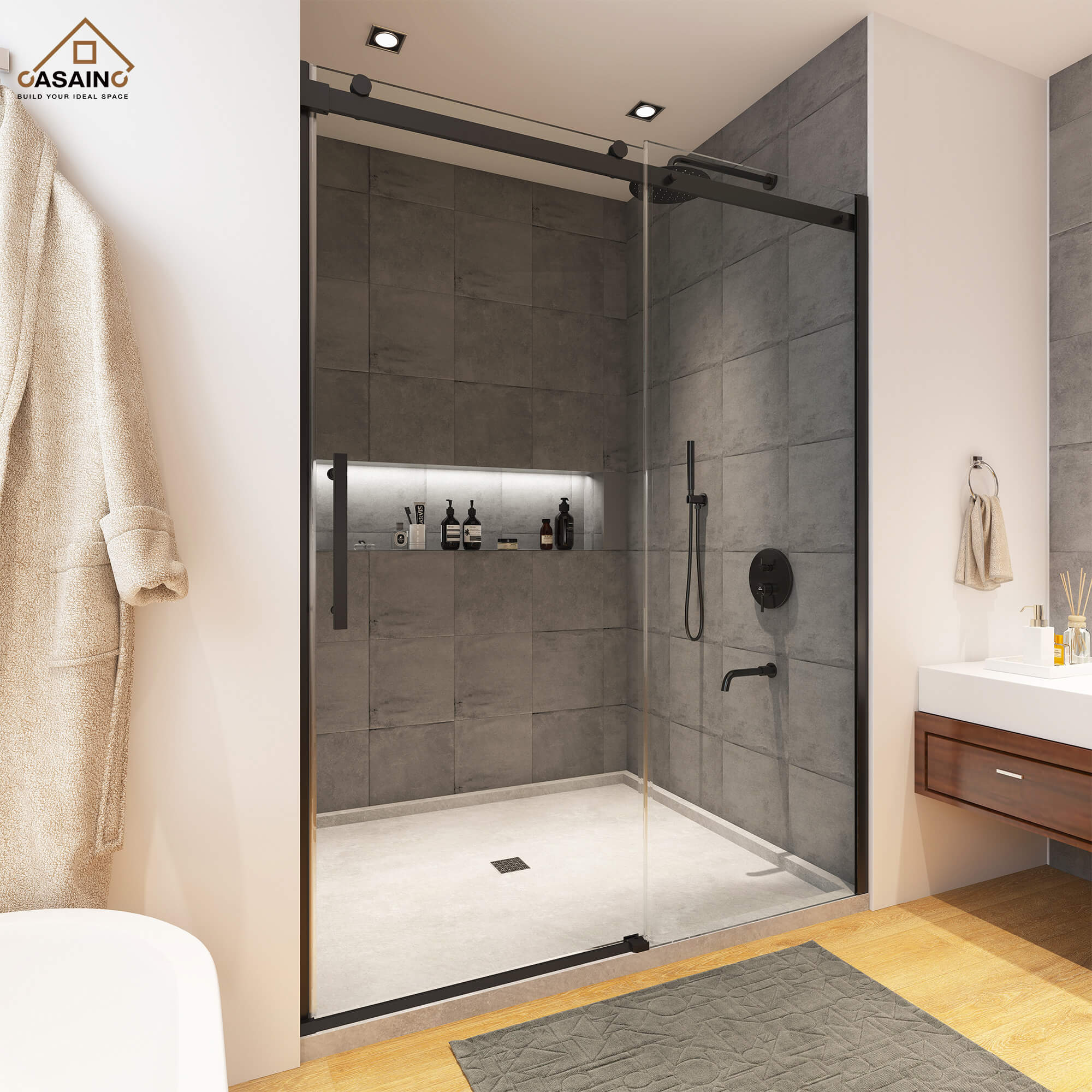 48"x76" Frameless Single Sliding Shower Door in Matte Black/Chrome/Bru