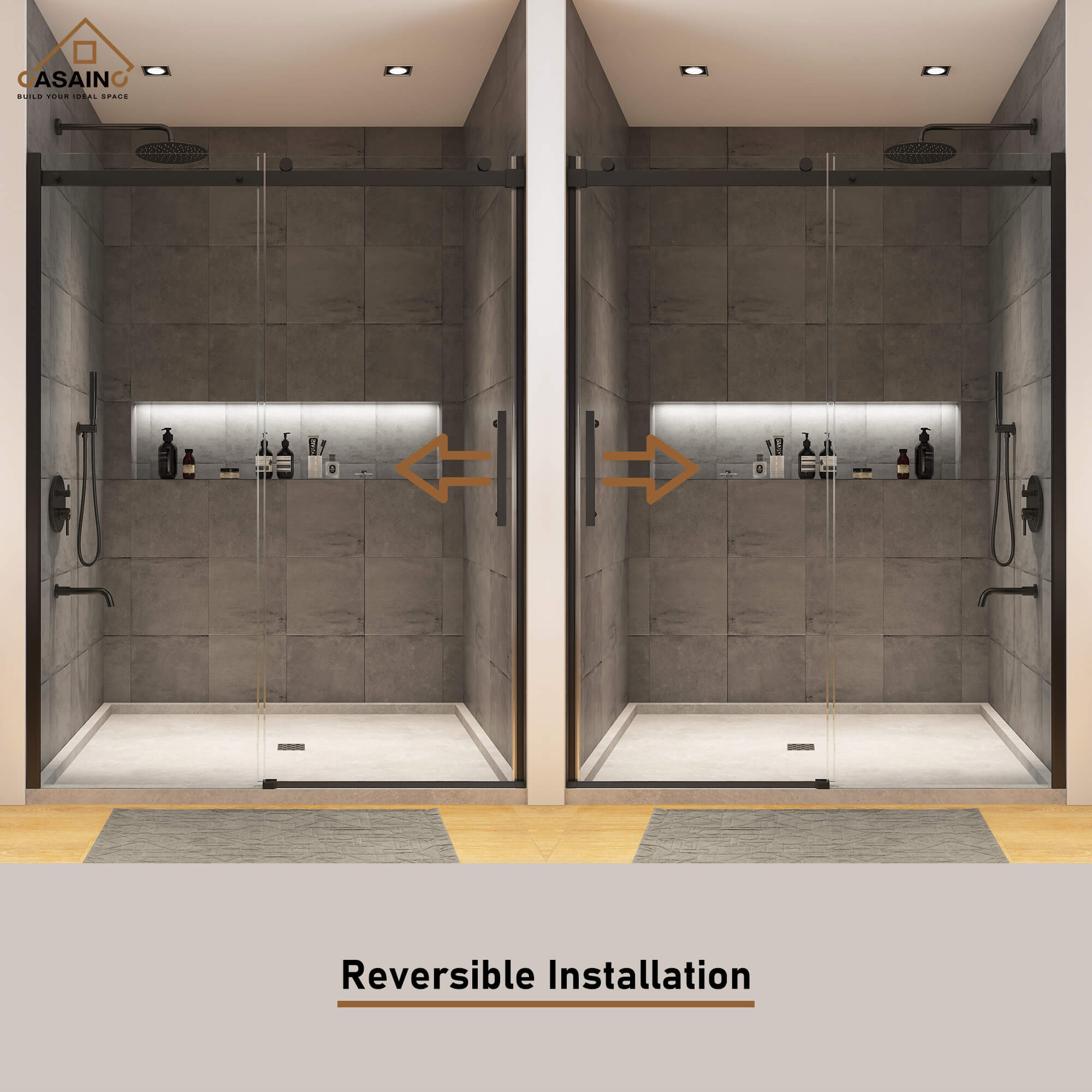 48"x76" Frameless Single Sliding Shower Door in Matte Black/Chrome/Bru