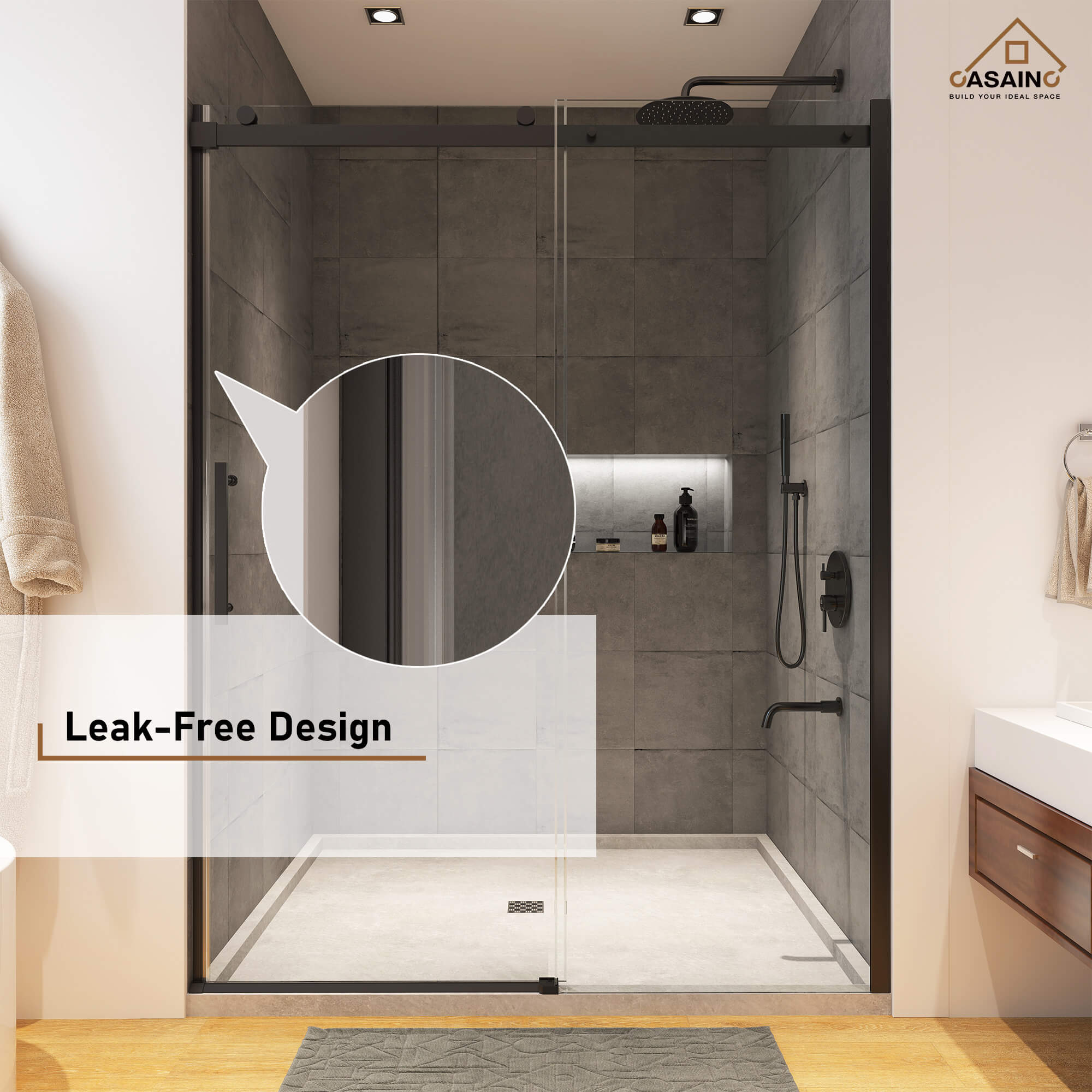 48"x76" Frameless Single Sliding Shower Door in Matte Black/Chrome/Bru
