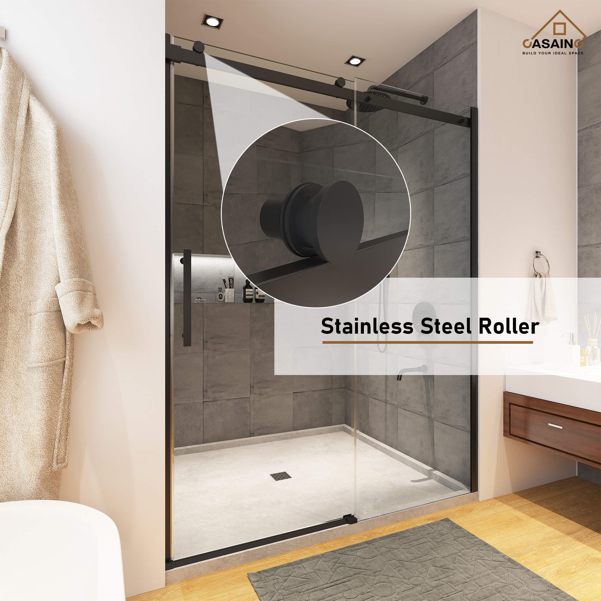 48"x76" Frameless Single Sliding Shower Door in Matte Black/Chrome/Bru