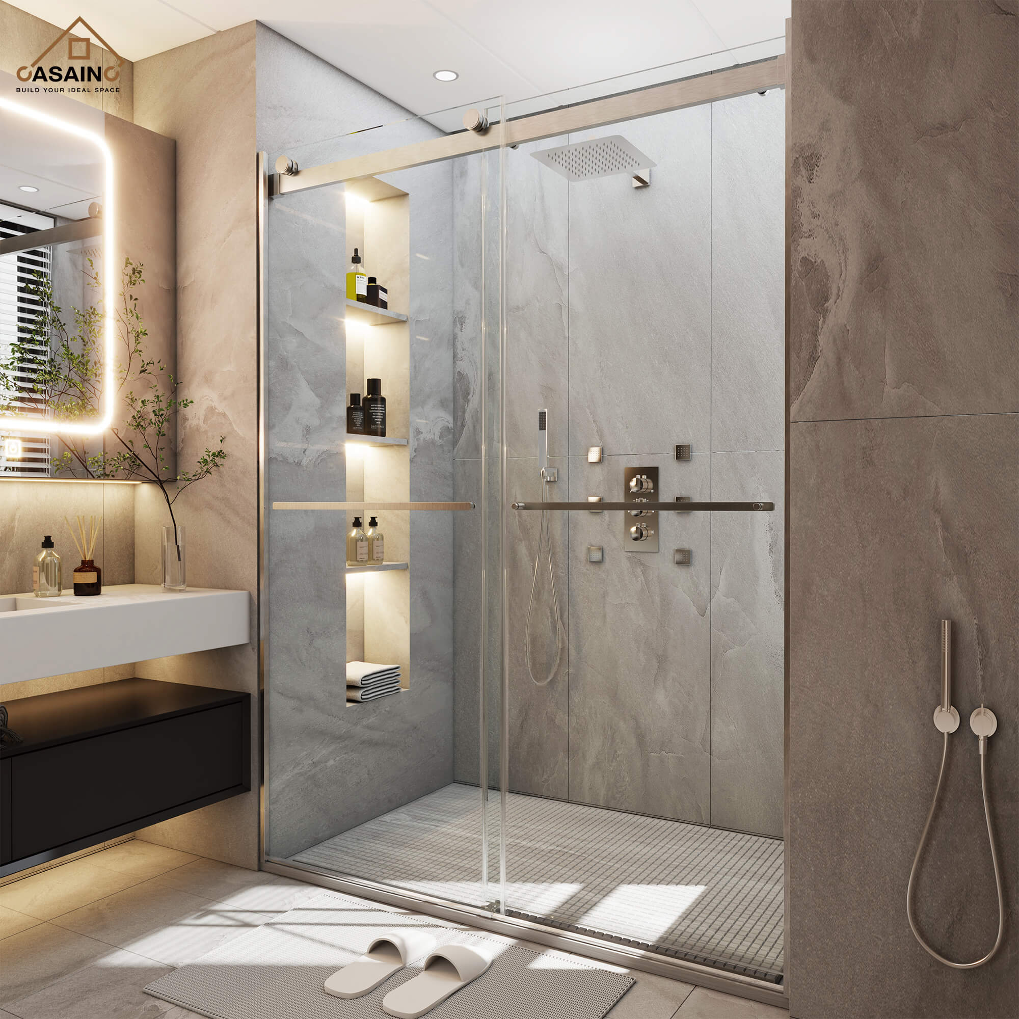 48"x76" Frameless Double Sliding Shower Door in Matte Black/Chrome/Bru