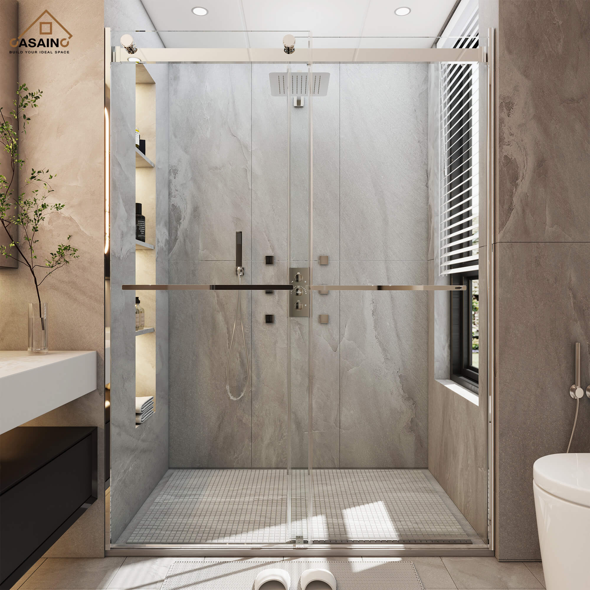 48"x76" Frameless Double Sliding Shower Door in Matte Black/Chrome/Bru