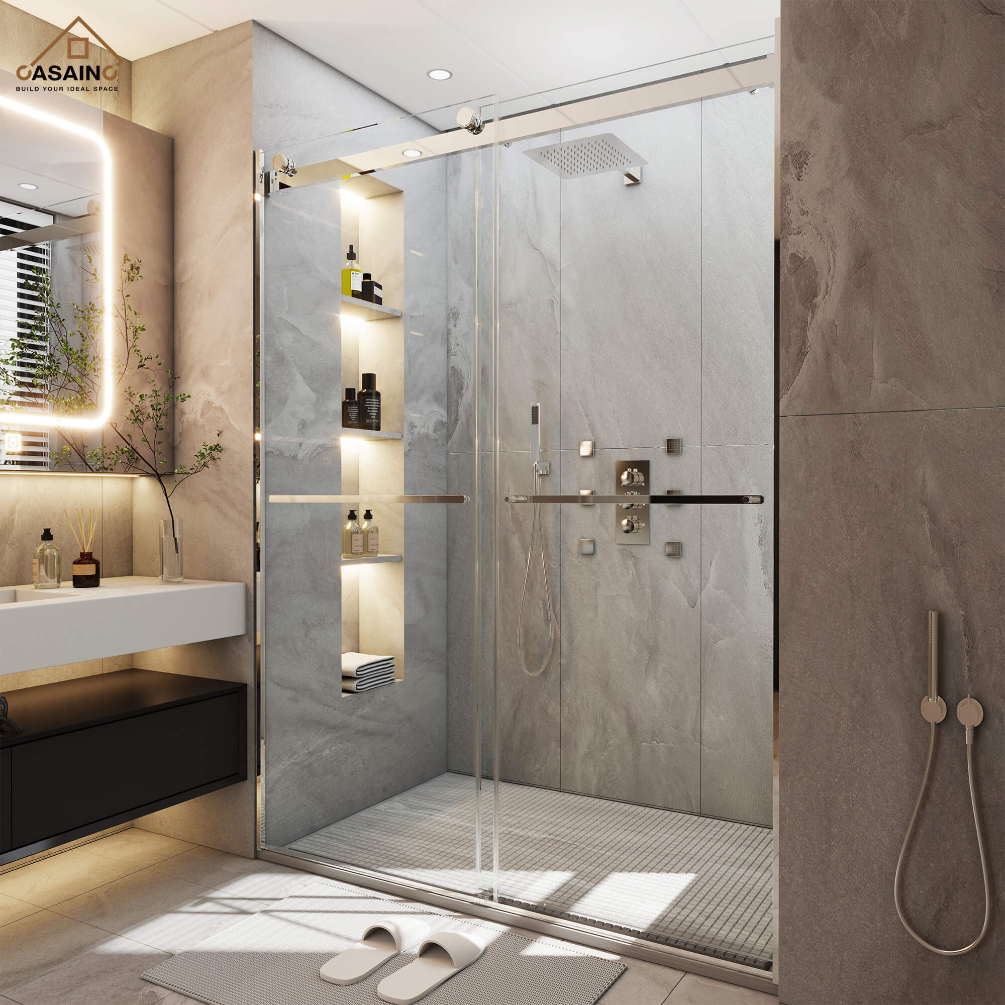 48"x76" Frameless Double Sliding Shower Door in Matte Black/Chrome/Bru