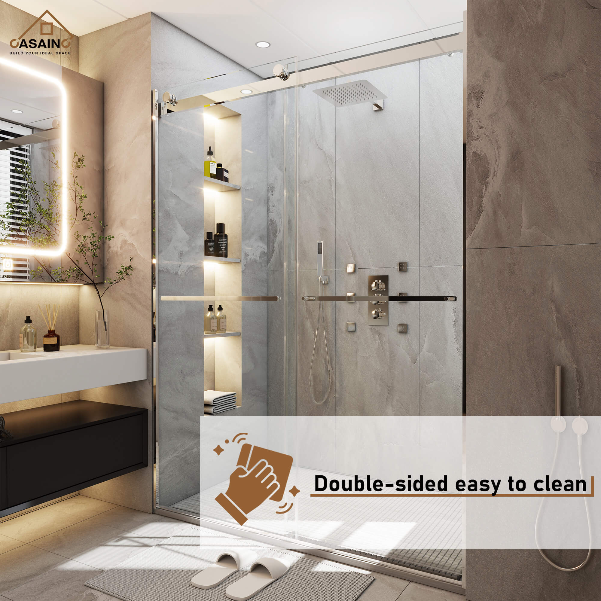 48"x76" Frameless Double Sliding Shower Door in Matte Black/Chrome/Bru