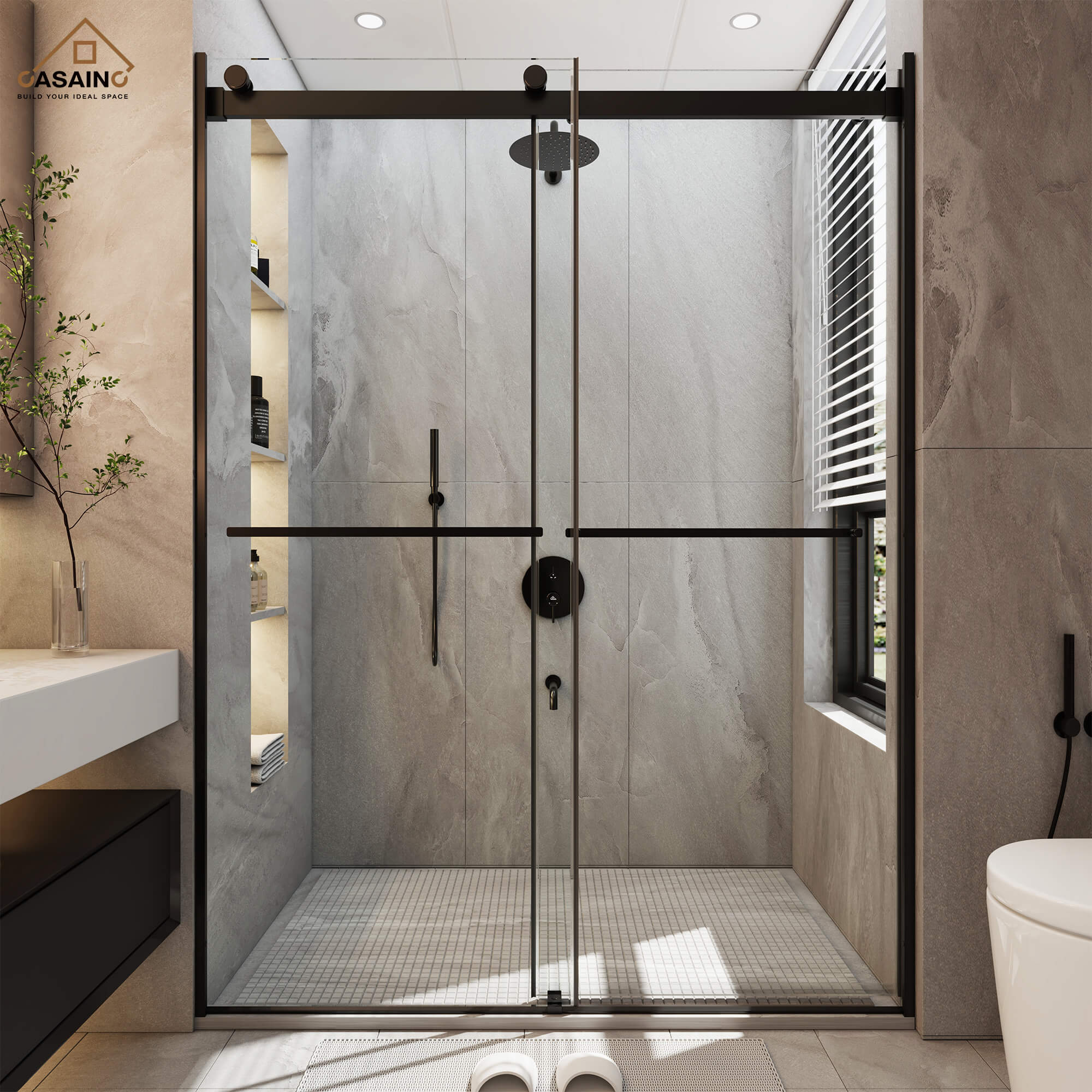 48"x76" Frameless Double Sliding Shower Door in Matte Black/Chrome/Bru