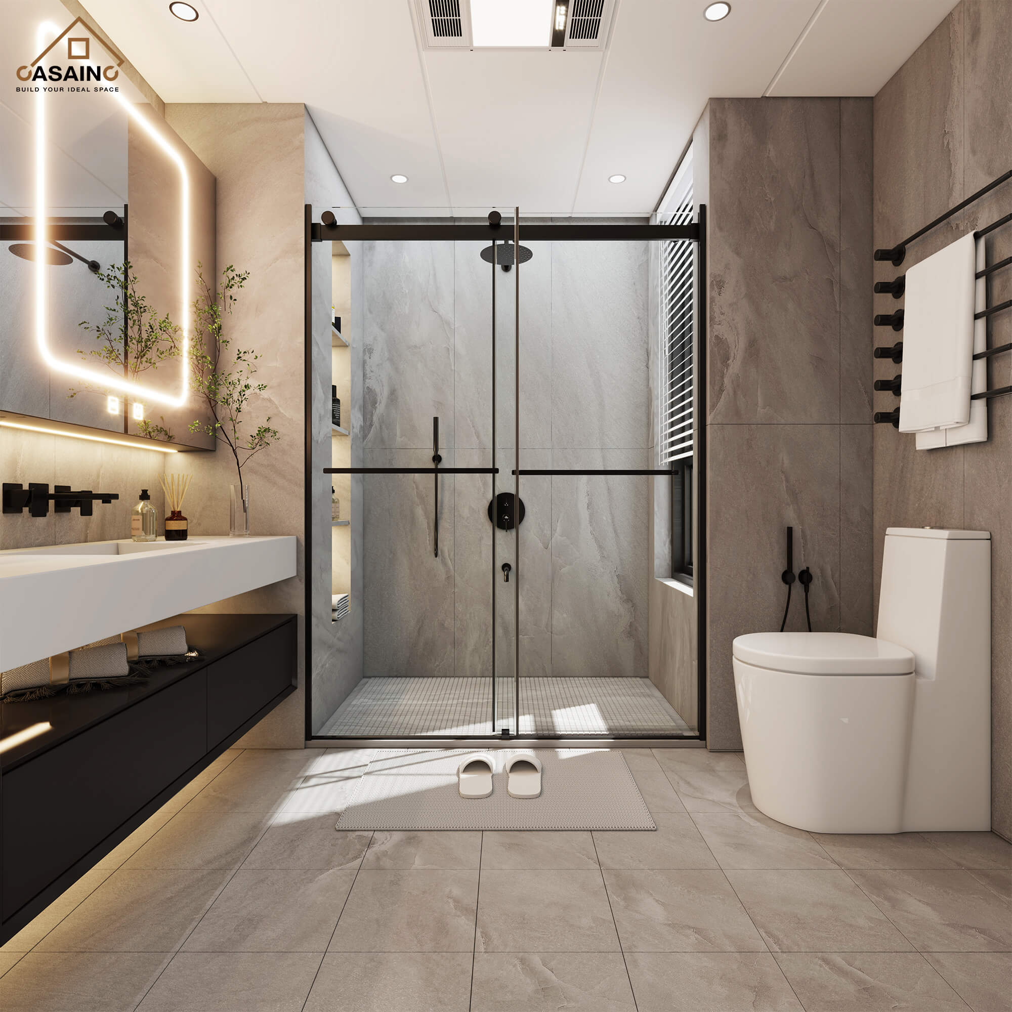 48"x76" Frameless Double Sliding Shower Door in Matte Black/Chrome/Bru