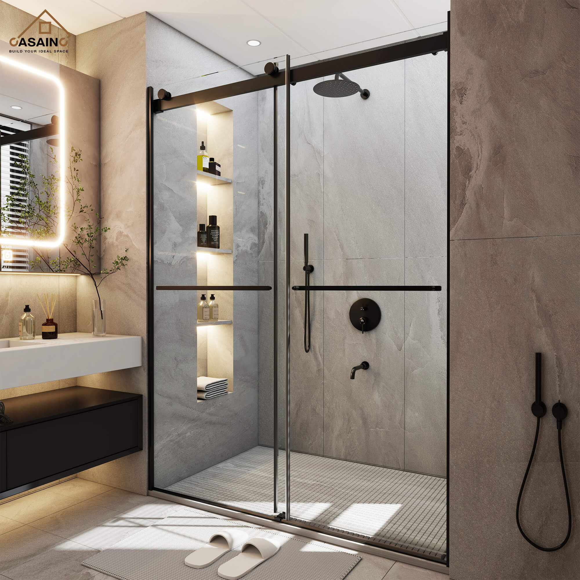 48"x76" Frameless Double Sliding Shower Door in Matte Black/Chrome/Bru