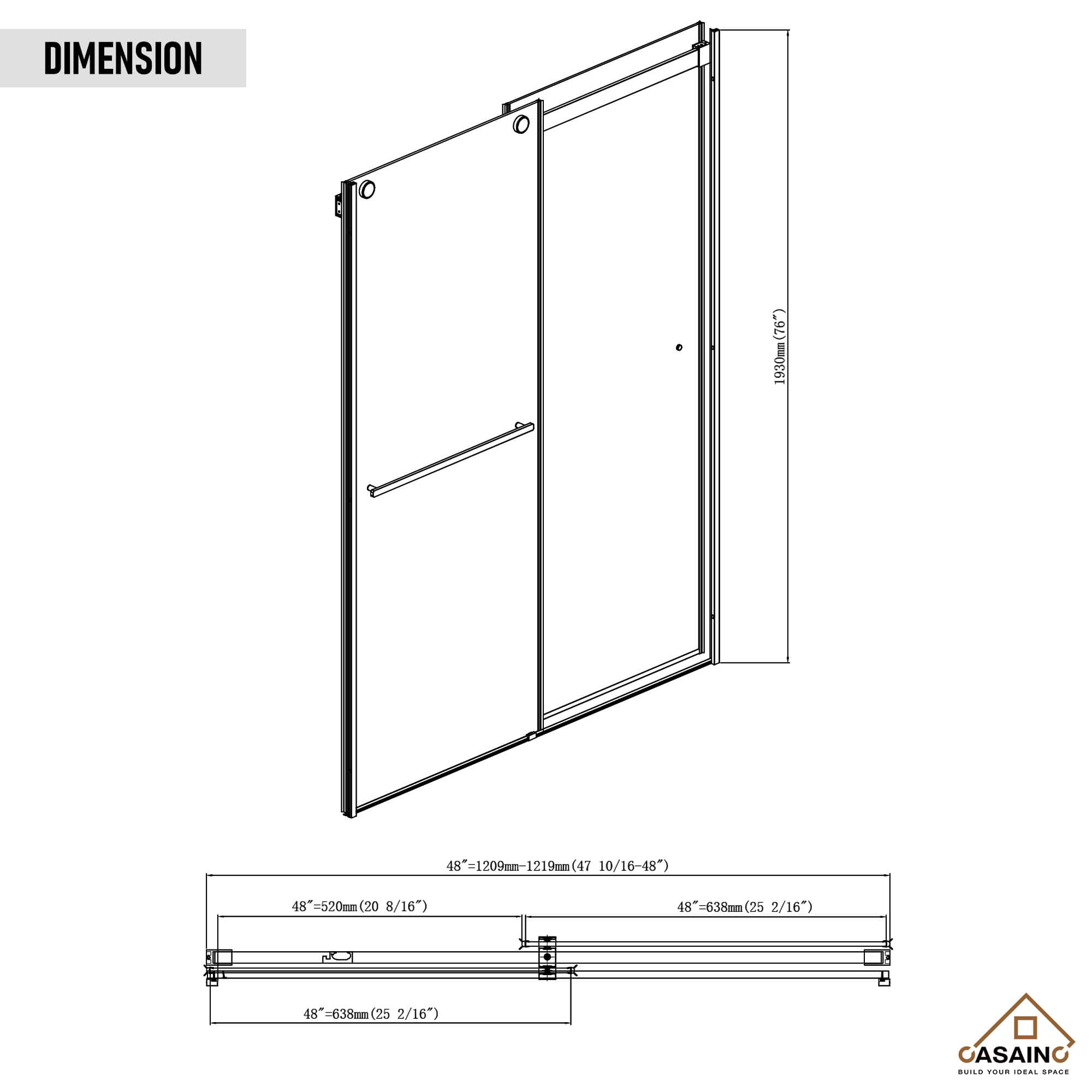 48"x76" Frameless Double Sliding Shower Door in Matte Black/Chrome/Bru