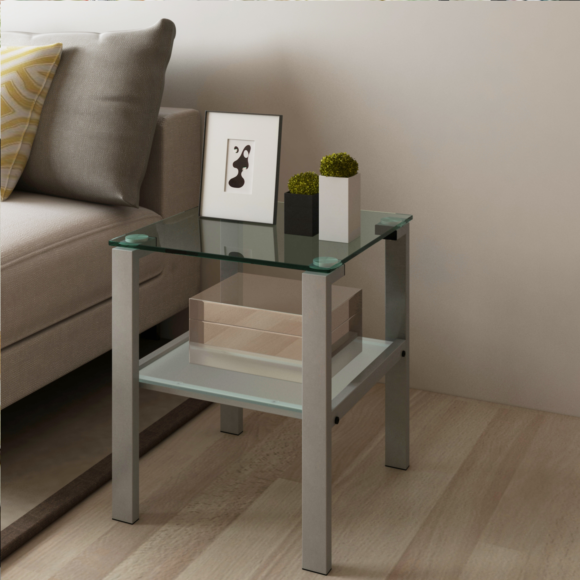 Glass two layer tea table, small round table, bedroom corner table, living room grey side table-CASAINC