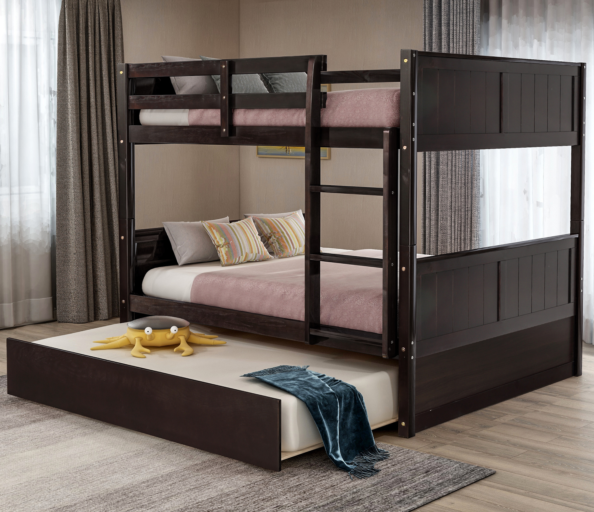 Full Over Full Bunk Bed with Twin Size Trundle, Espresso (old sku: LP000150AAP )-CASAINC