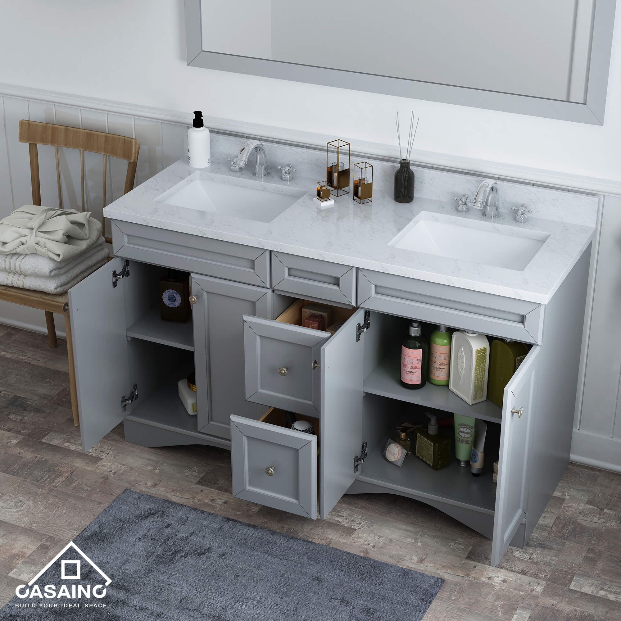CASAINC 60 x 22 x 35.4 in. Solid Wood Bath Vanity with Marble Top and Backsplash in Gray/White (No/With Mirror)