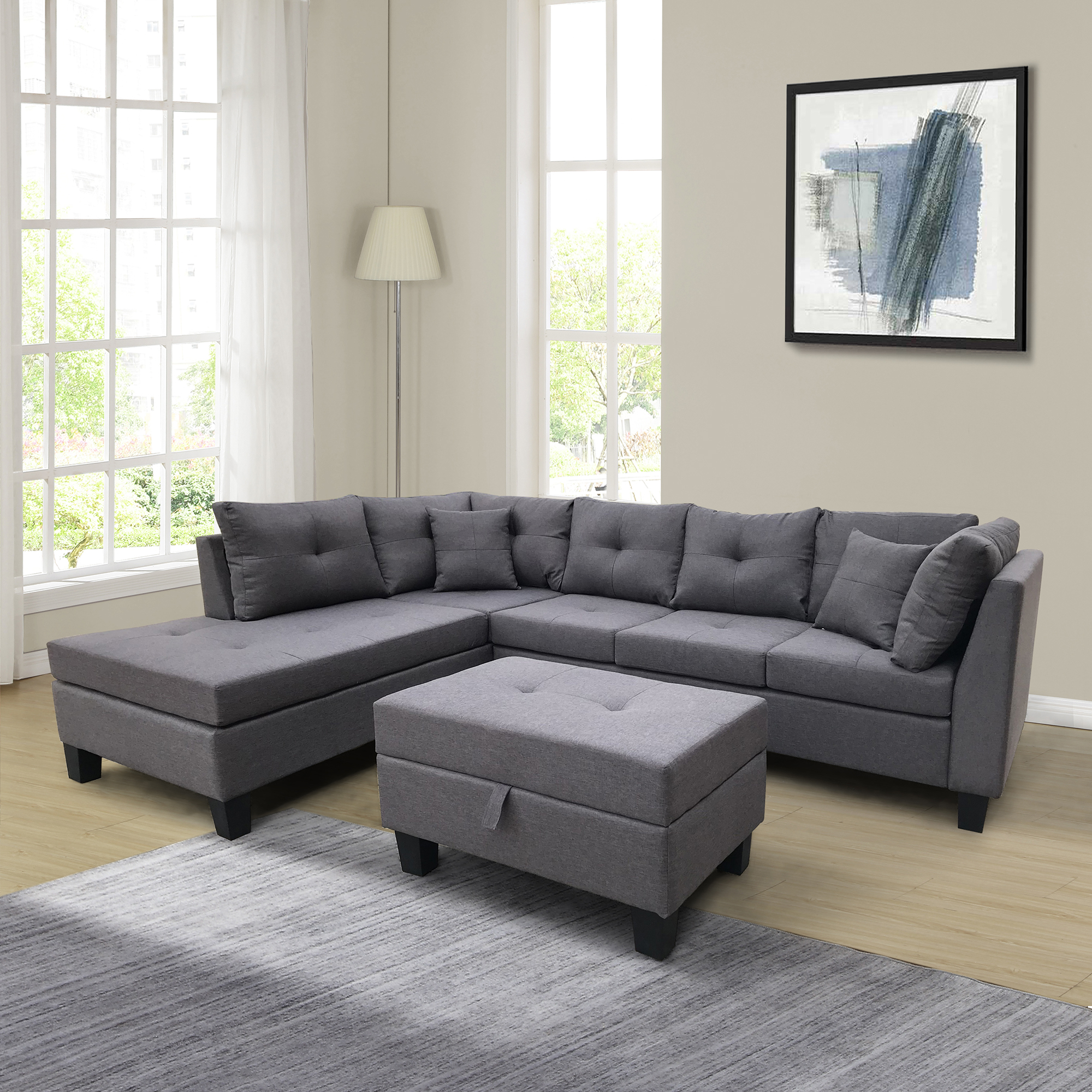 Sectional Sofa Set  for Living Room with  Left Hand Chaise Lounge and Storage Ottoman  (Grey)-CASAINC