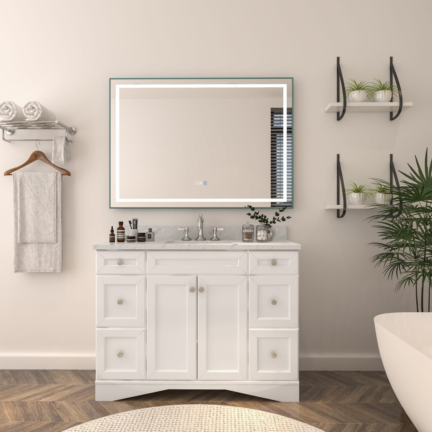 CASAINC 48" x 36" Dimmable LED Bathroom Mirror with Anti Fog, Adjustable Light Color And Touch Sensors-CASAINC