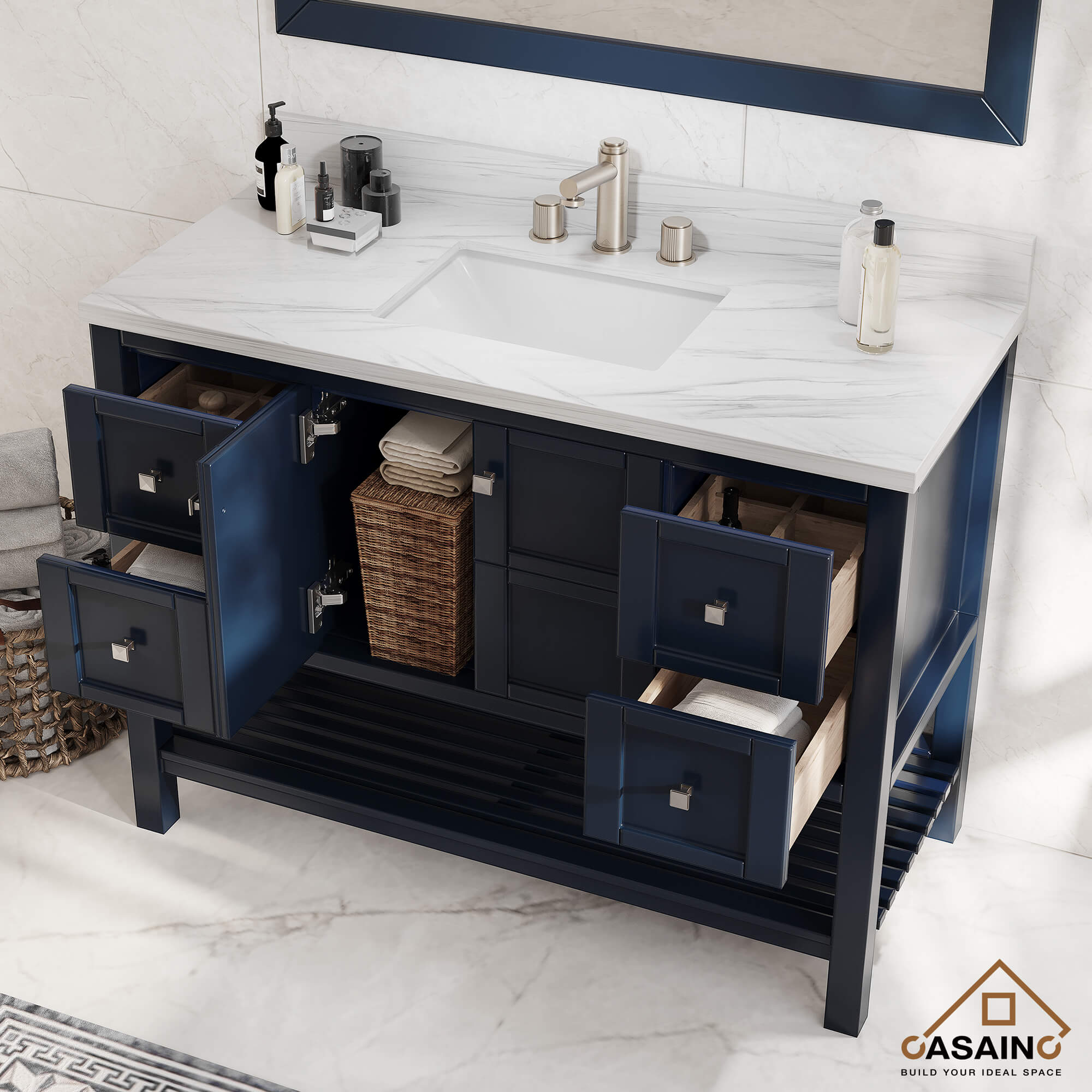 CASAINC 48 x 22 x 35.4 in. Solid Wood Navy Blue Bath Vanity with Carrara White Marble Countertop (No/With Mirror)