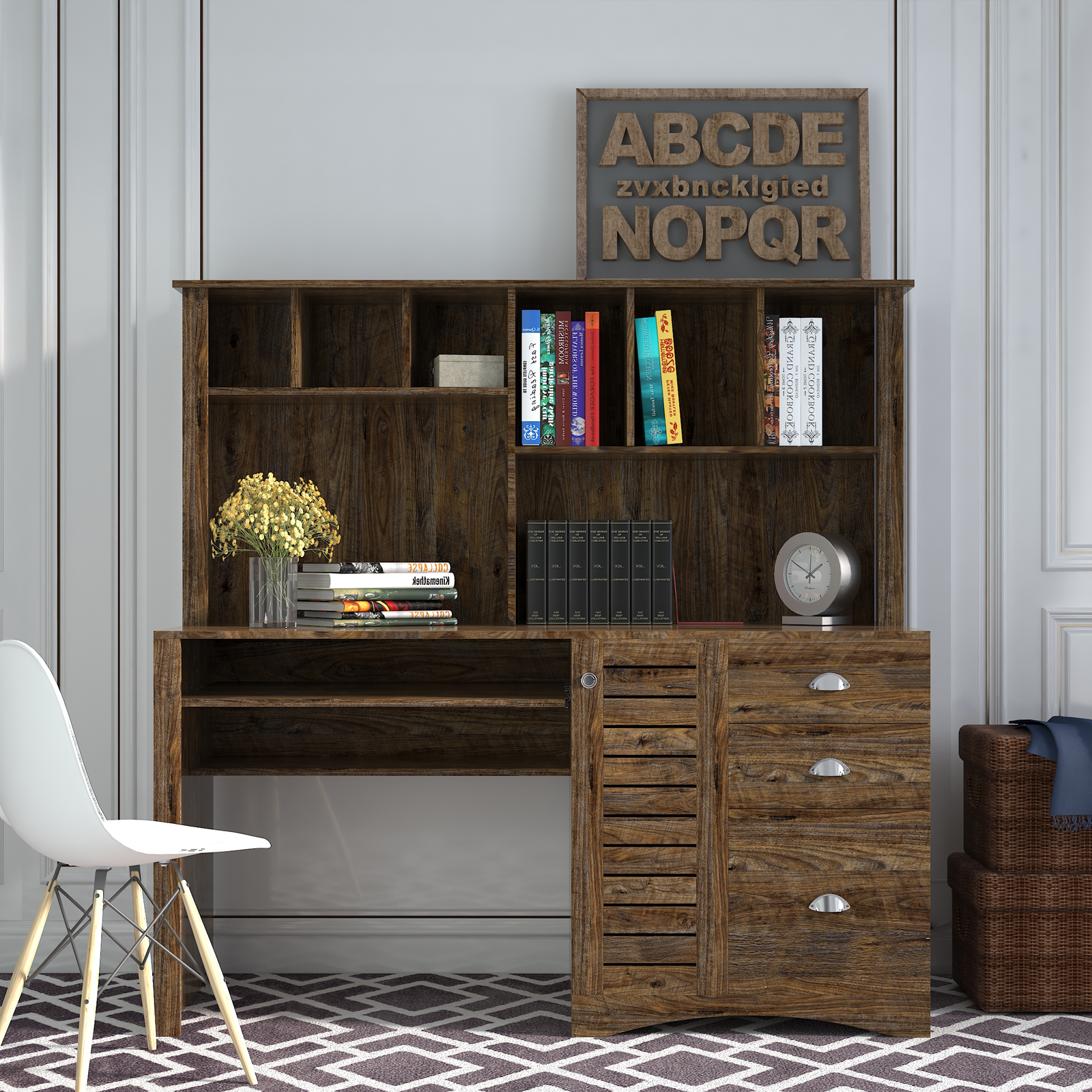 Home Office Computer Desk with Hutch, Antiqued Paint finish-CASAINC