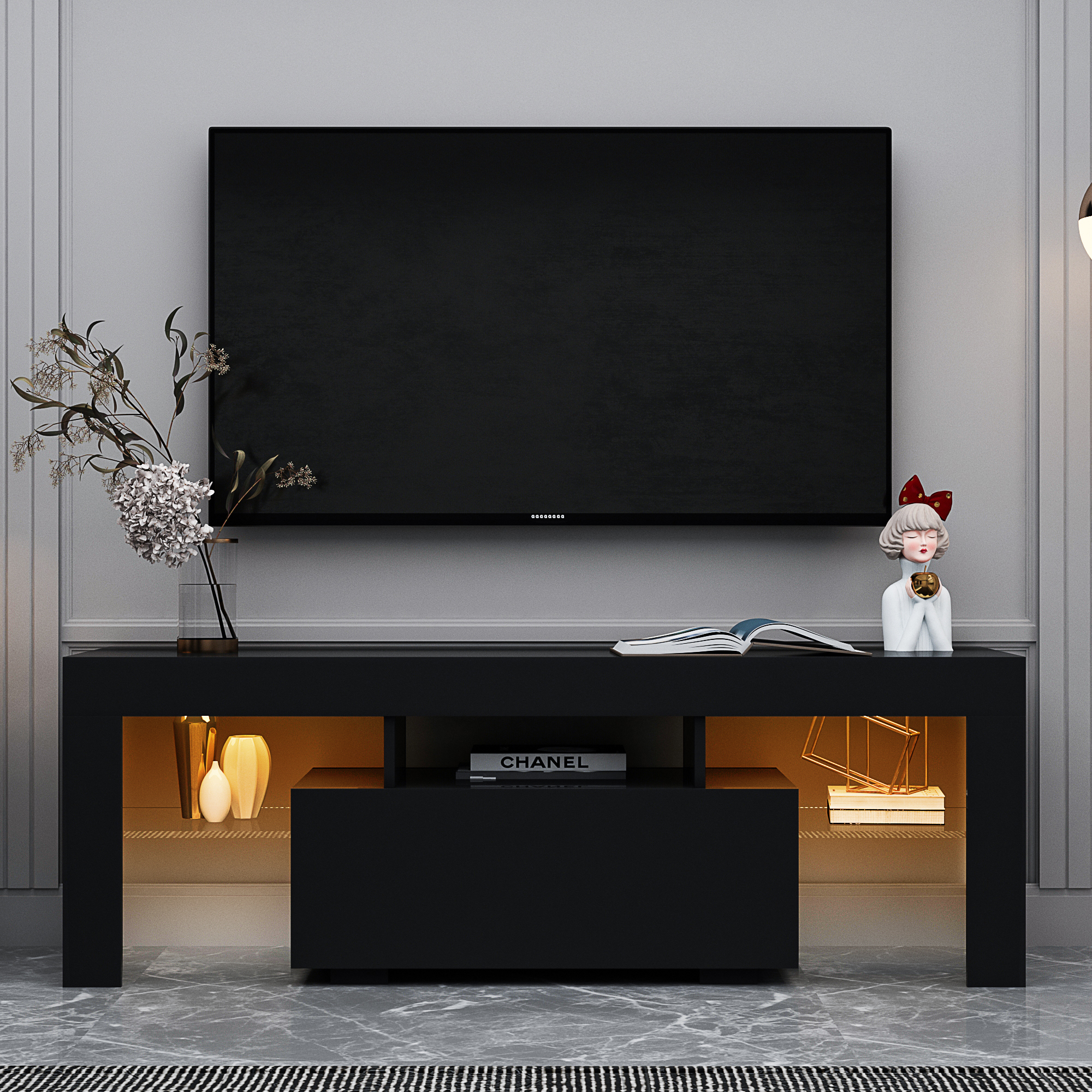 Black TV Stand with LED RGB Lights,Flat Screen TV Cabinet, Gaming Consoles - in Lounge Room, Living Room and Bedroom(Black)-CASAINC