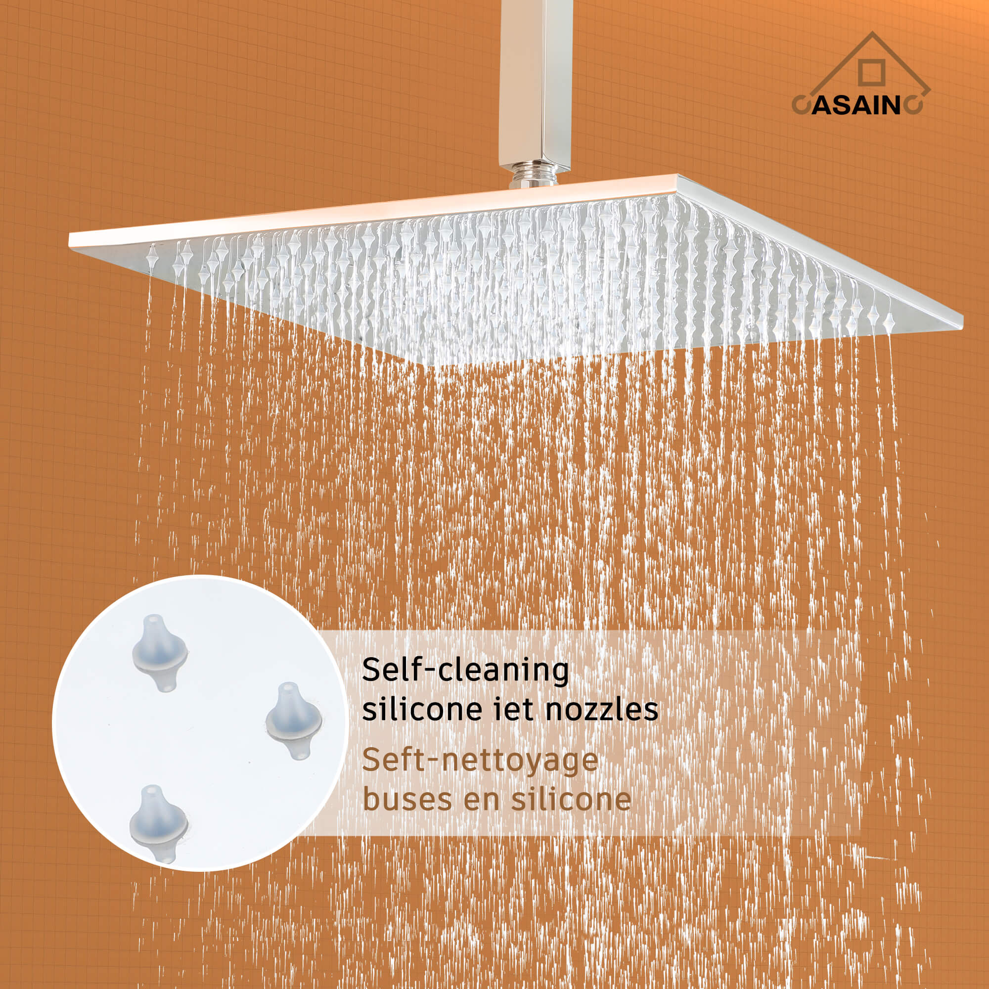 CASAINC Chrome 12 Inch 6-Spray Rainfall Built-In Shower System