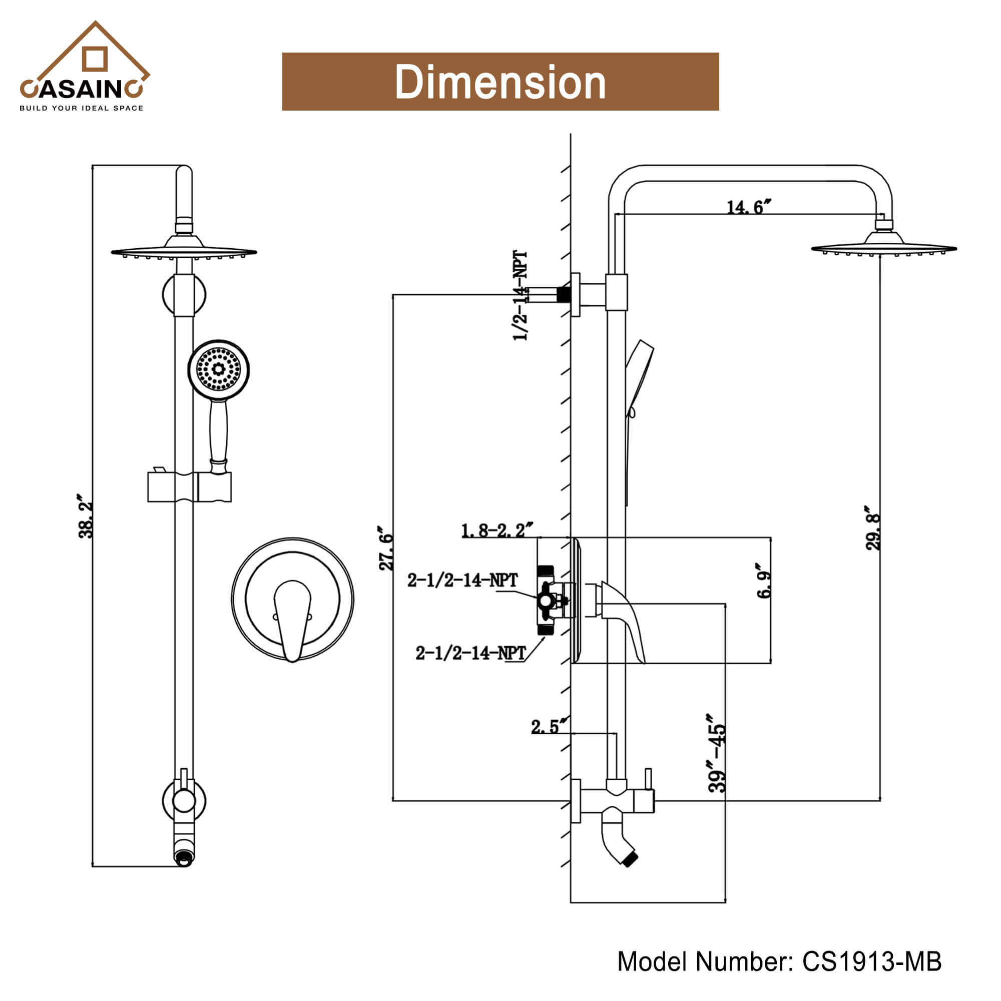 Casainc Matte Black 3-Spray Patterns Built-in Shower System