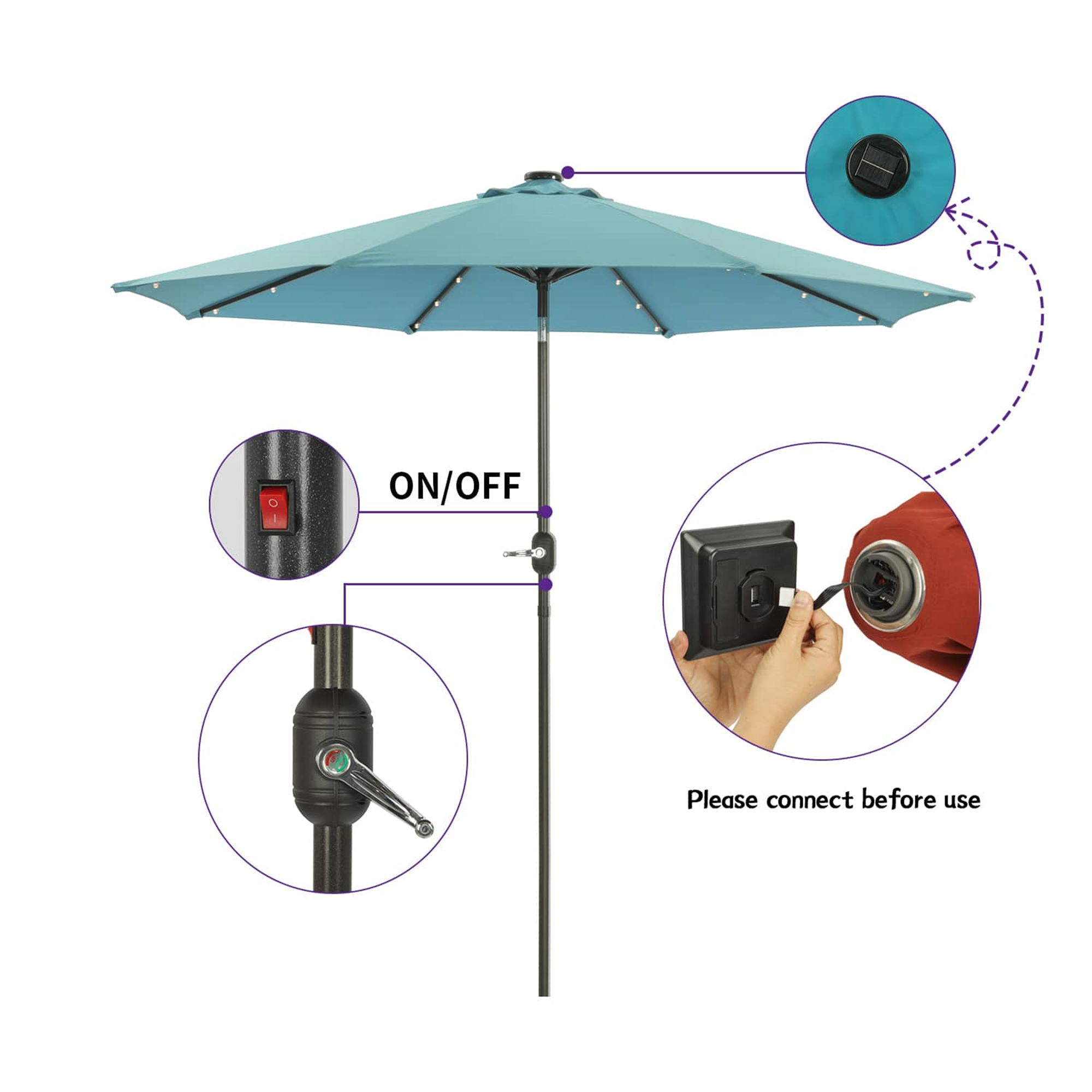 CASAINC 9Ft Patio Umbrella with 32 LED Solar Lights