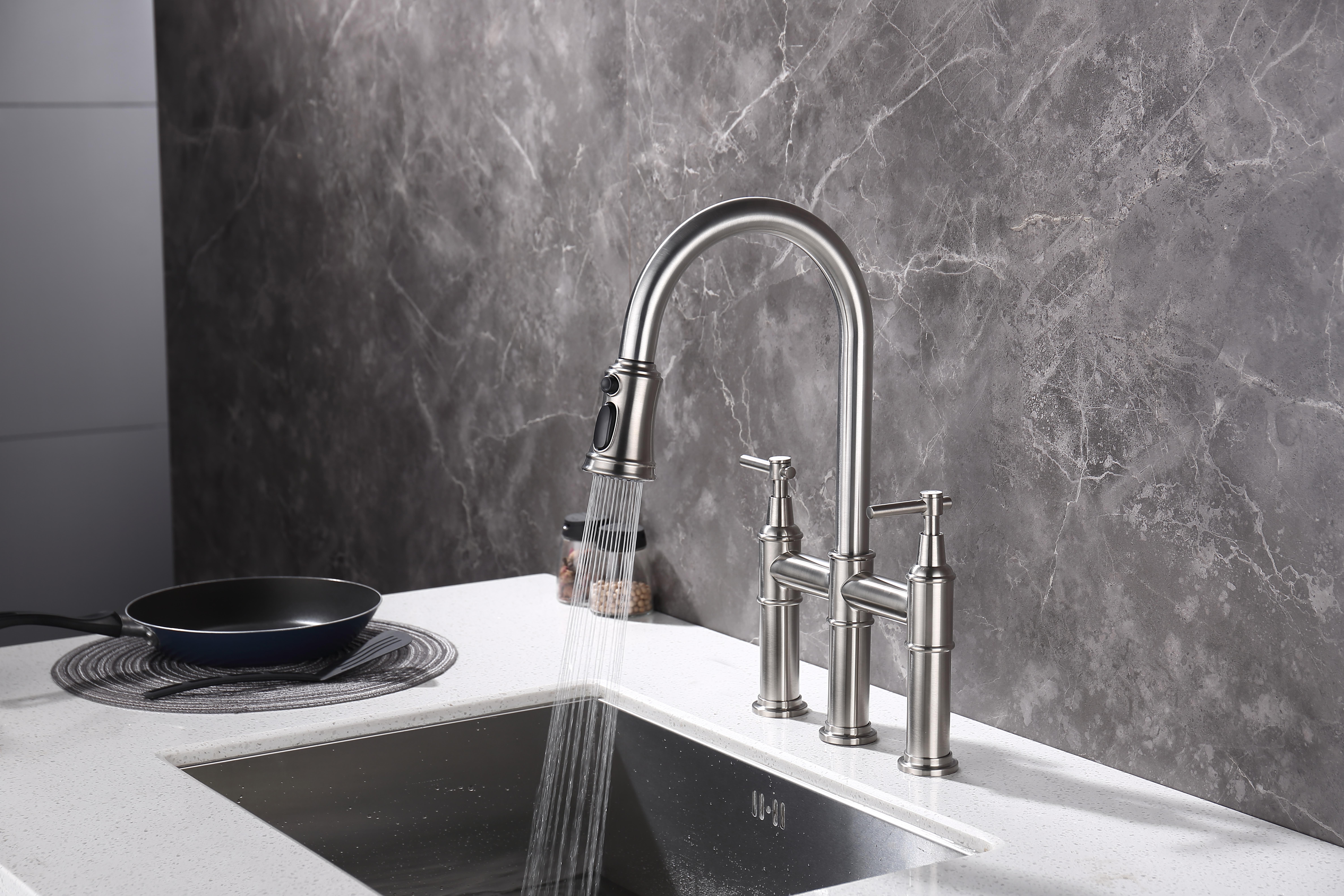 Bridge Kitchen Faucet with Pull-Down Sprayhead in Spot