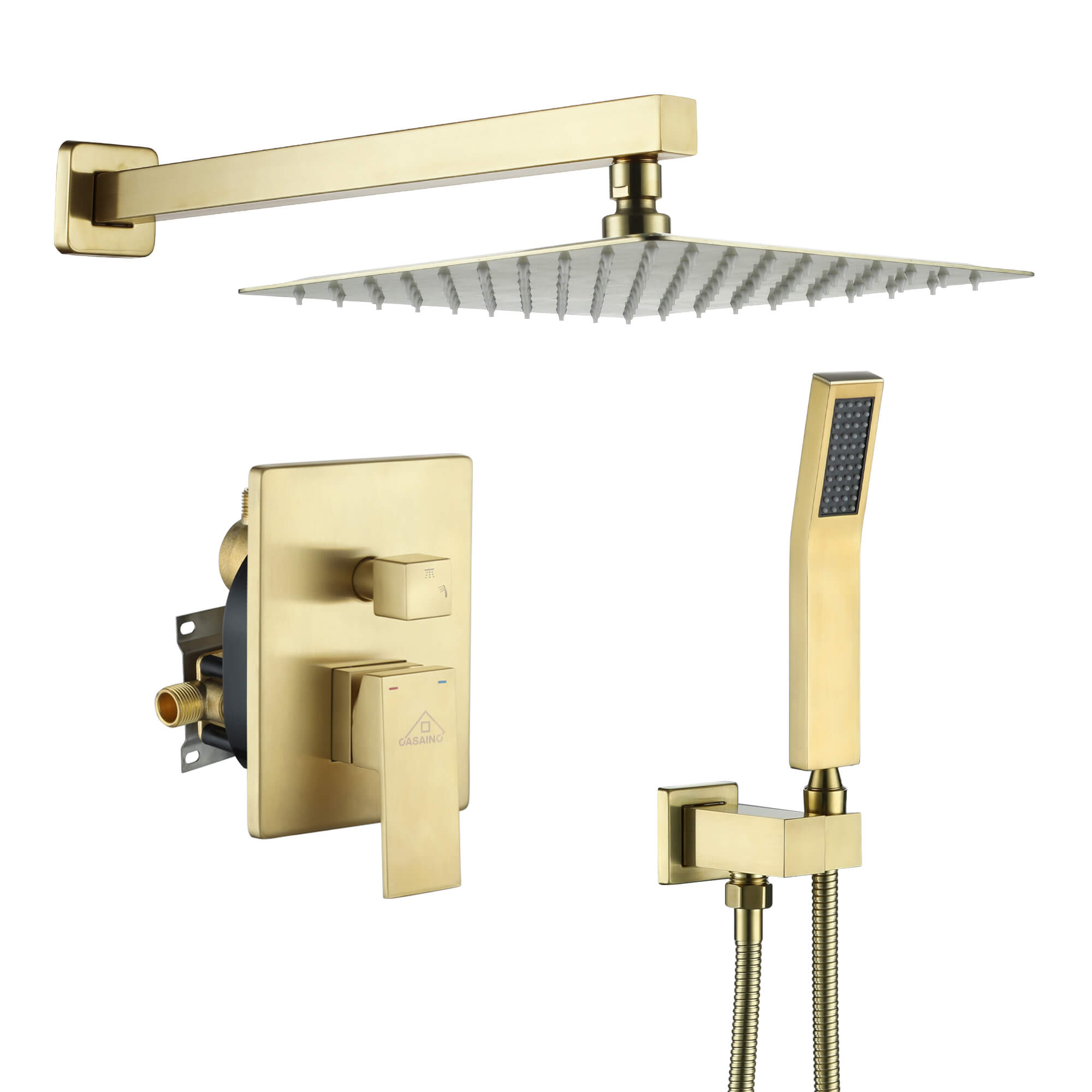 Wall-Mounted/Ceiling-Mounted Shower System with Handheld Shower in Brushed Gold Finish and Balanced Water Pressure