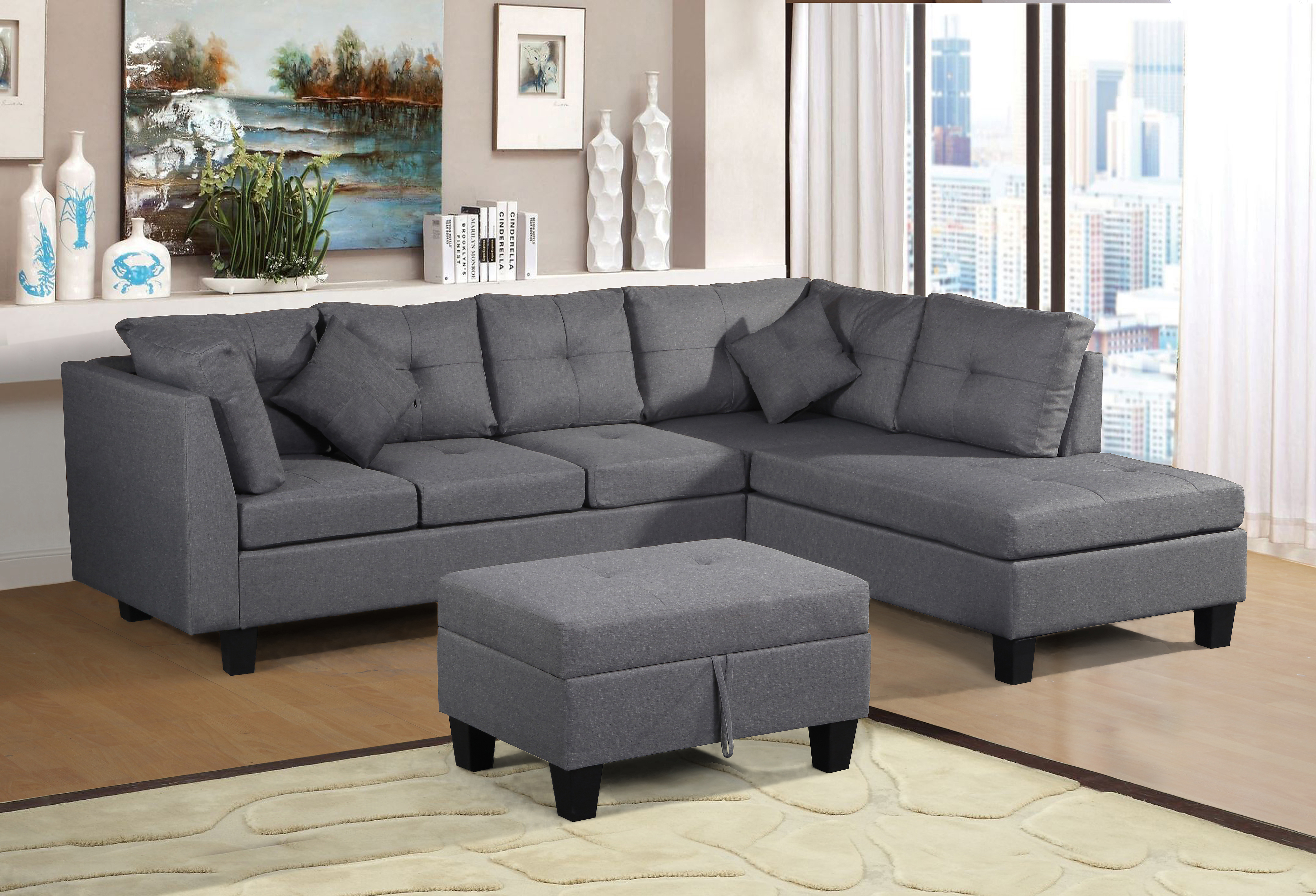 Sectional Sofa Set  for Living Room  with  Right Hand Chaise Lounge and Storage Ottoman  (Grey)-CASAINC