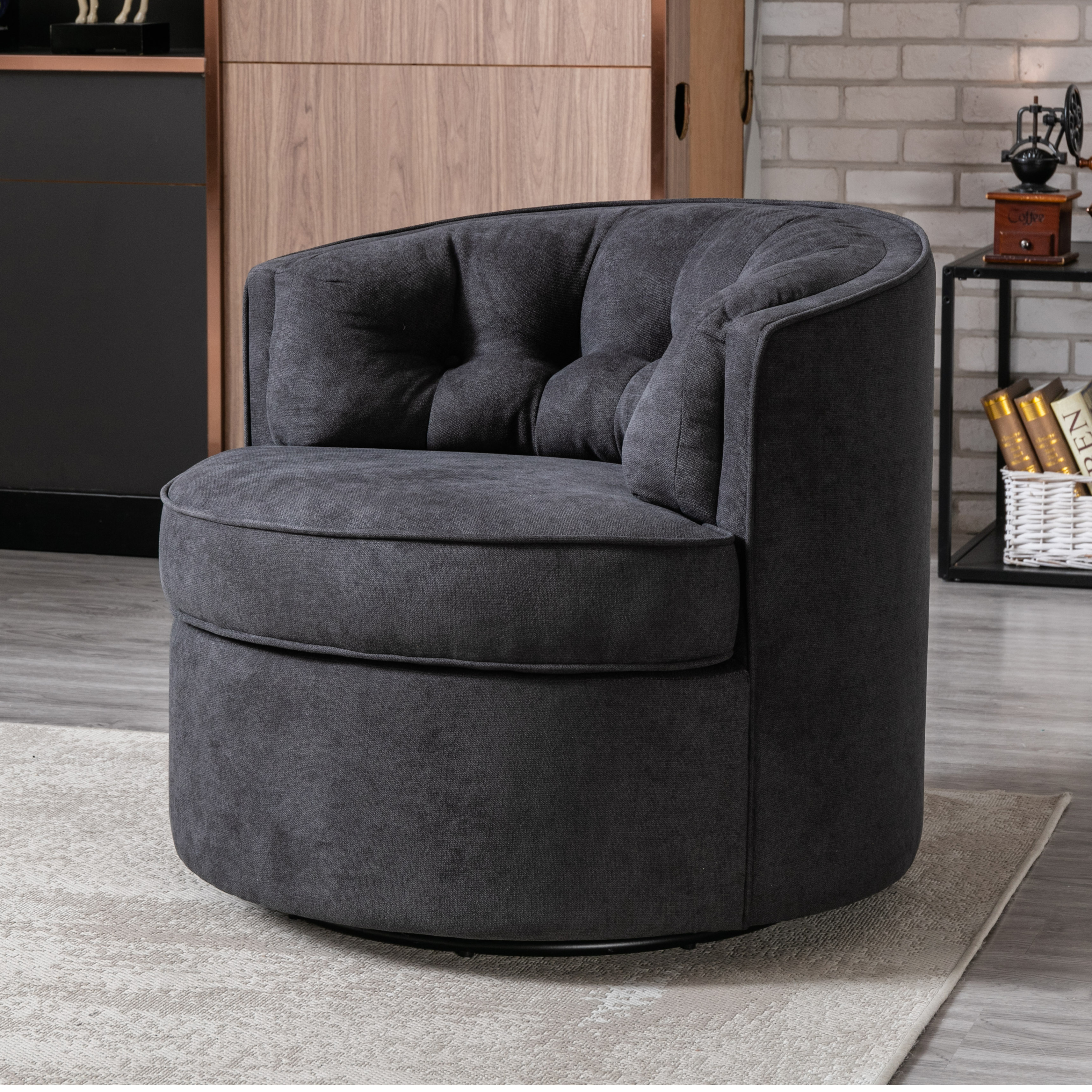 33&rdquo; Wide Swivel Barrel Chair Comfy Tufted Back Accent Round Barrel Chair Leisure Chair for Living Room, Bedroom, Hotel-CASAINC