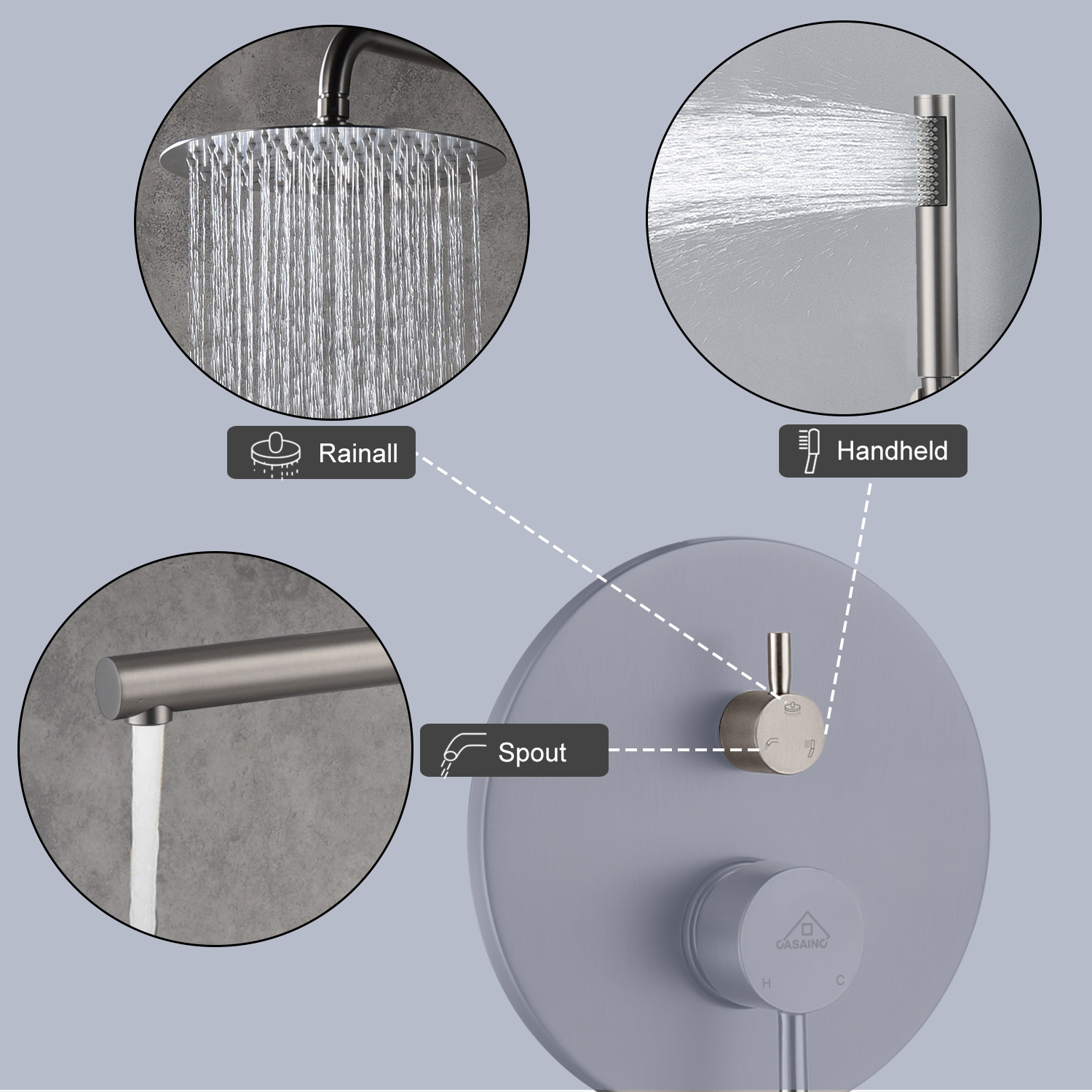 Casainc Round 3 Functions Wall Mount Dual Shower Heads Shower System In Black