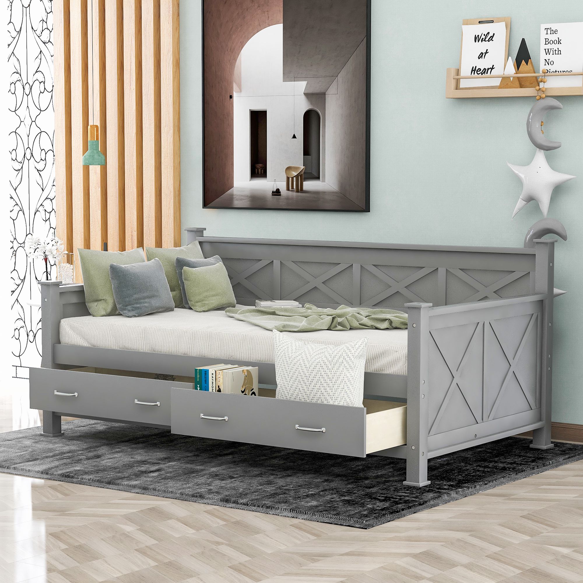 Twin Size Daybed with 2 Large Drawers, X-shaped Frame, Modern and Rustic Casual Style Daybed, Gray(New)-CASAINC