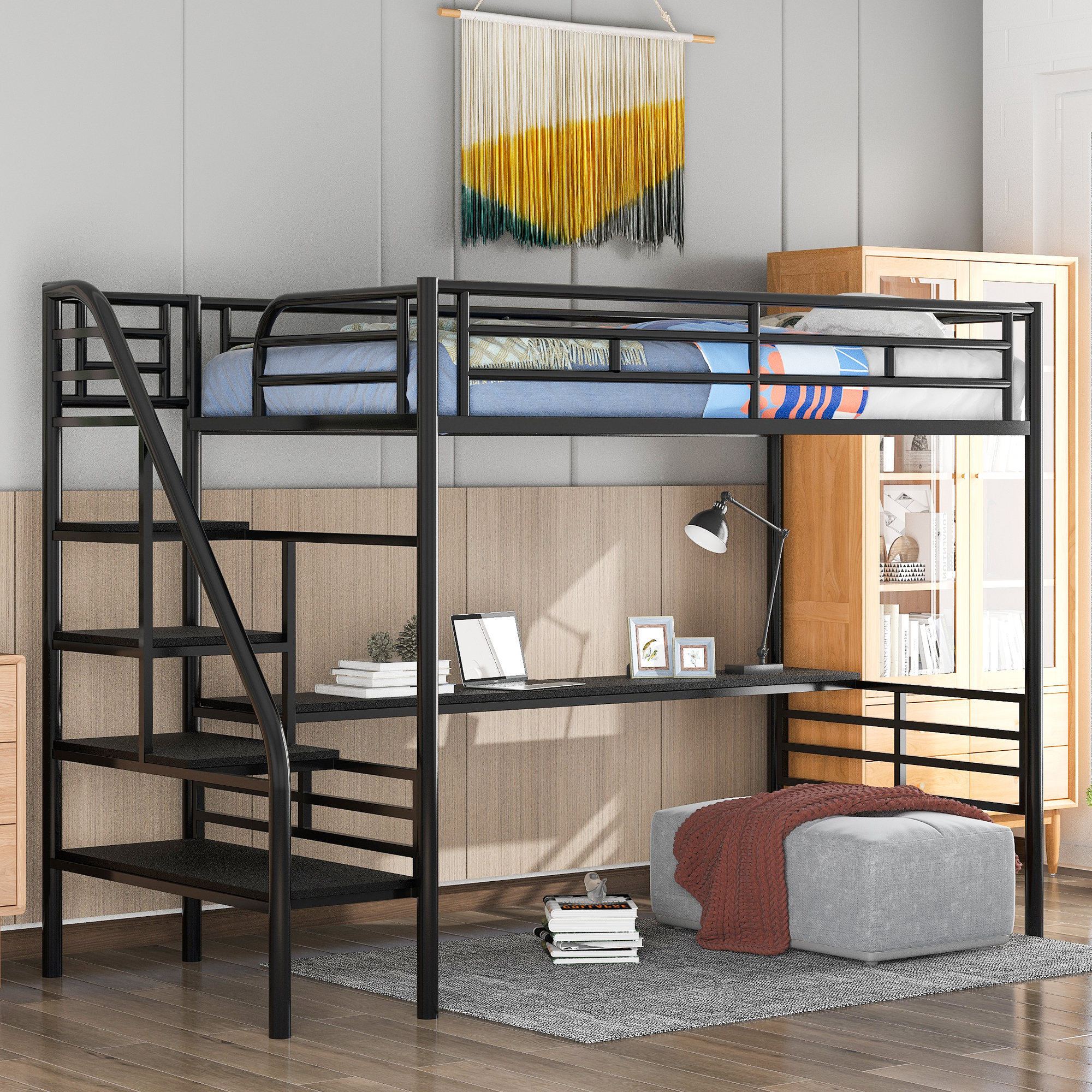 Metal Loft Bed Frame with Desk, No Box Spring Needed,Twin ,Black-CASAINC