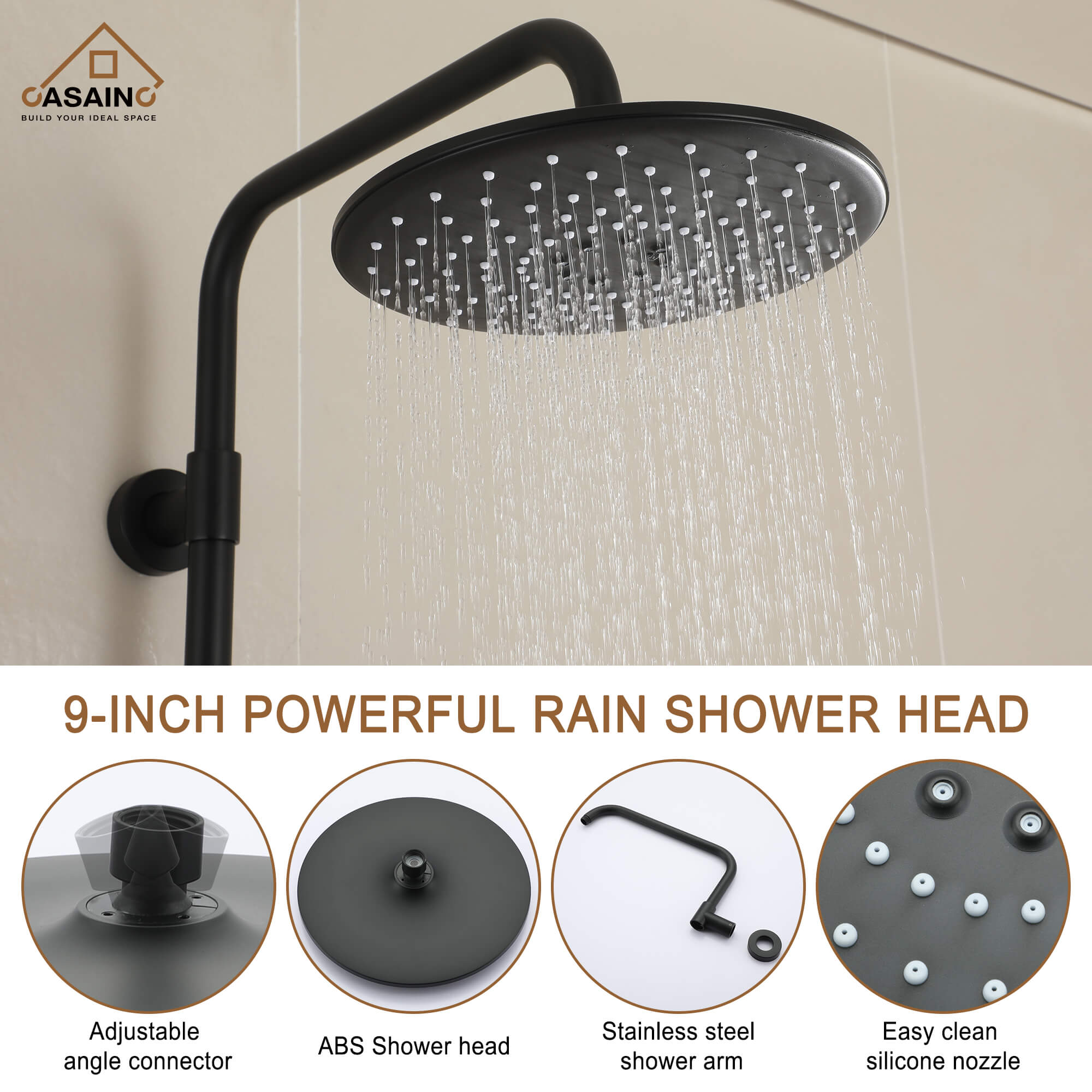 Casainc Matte Black 3-Spray Patterns Built-in Shower System