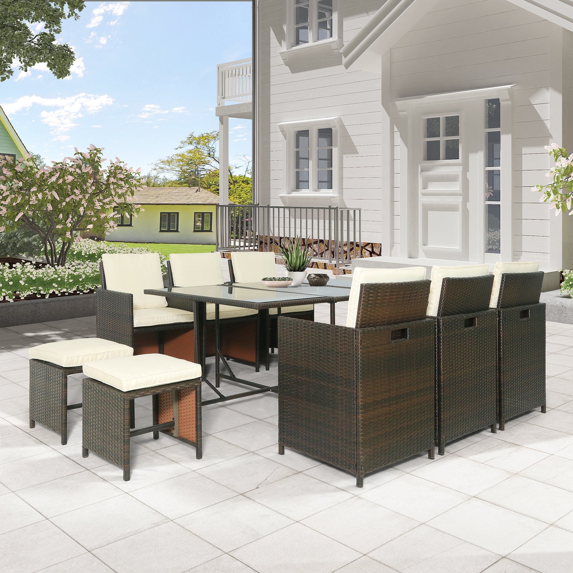 11-Piece Outdoor Rattan Wicker Patio Dining Table Set Garden Outdoor Patio Furniture Sets-CASAINC