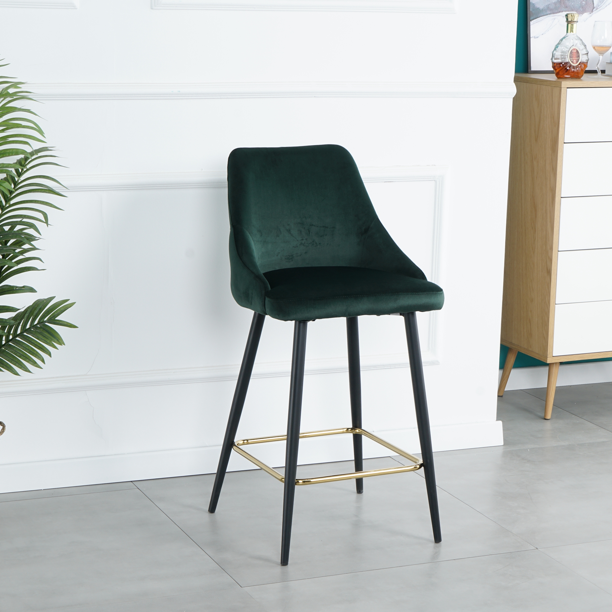Luxury Modern Green Velvet Upholstered High Bar Stool Chair With Gold Legs(set of 2)-CASAINC