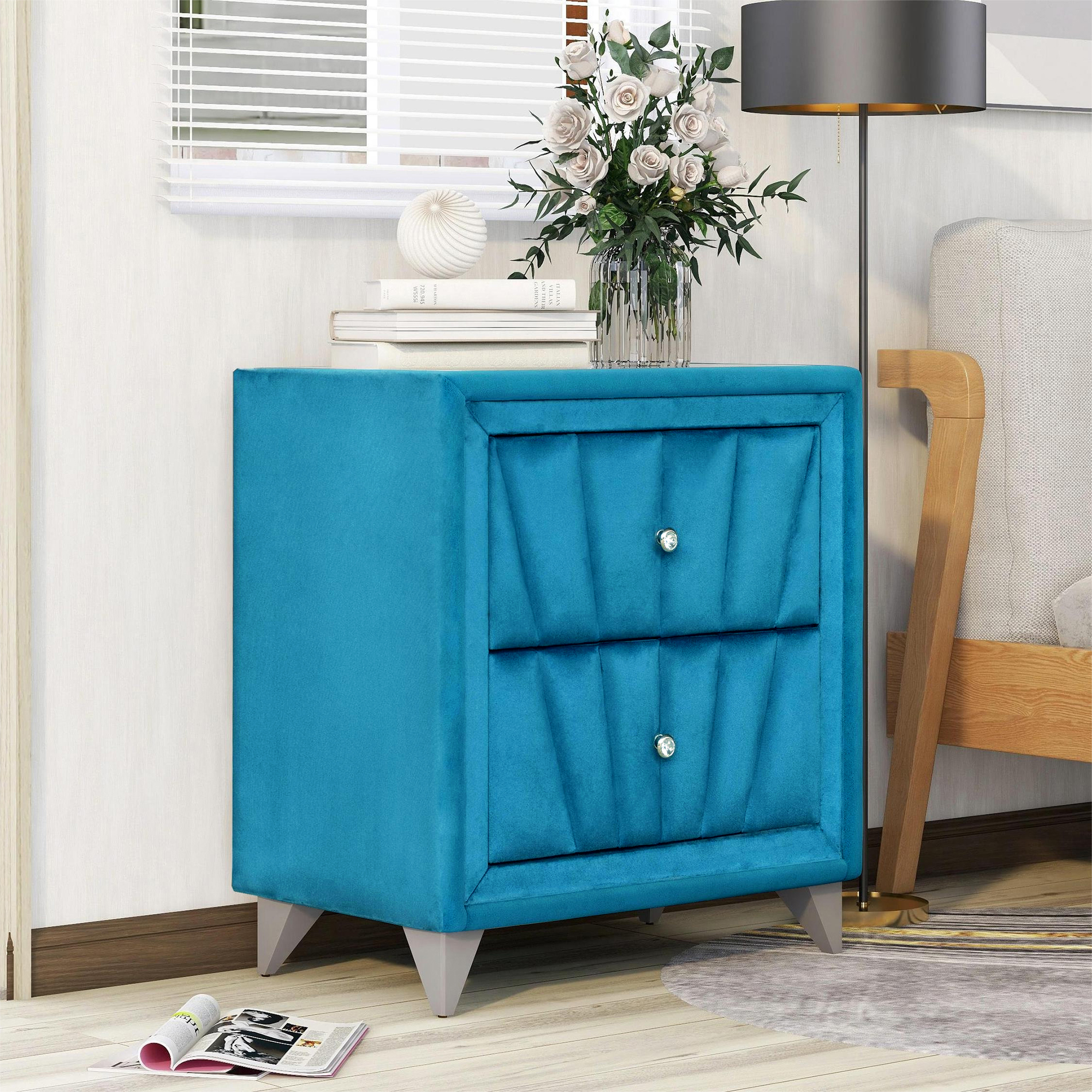 Upholstered Wooden Nightstand with Two Drawers ,Bedside Table with Velvet Fabric and Glass Worktop Lake Blue