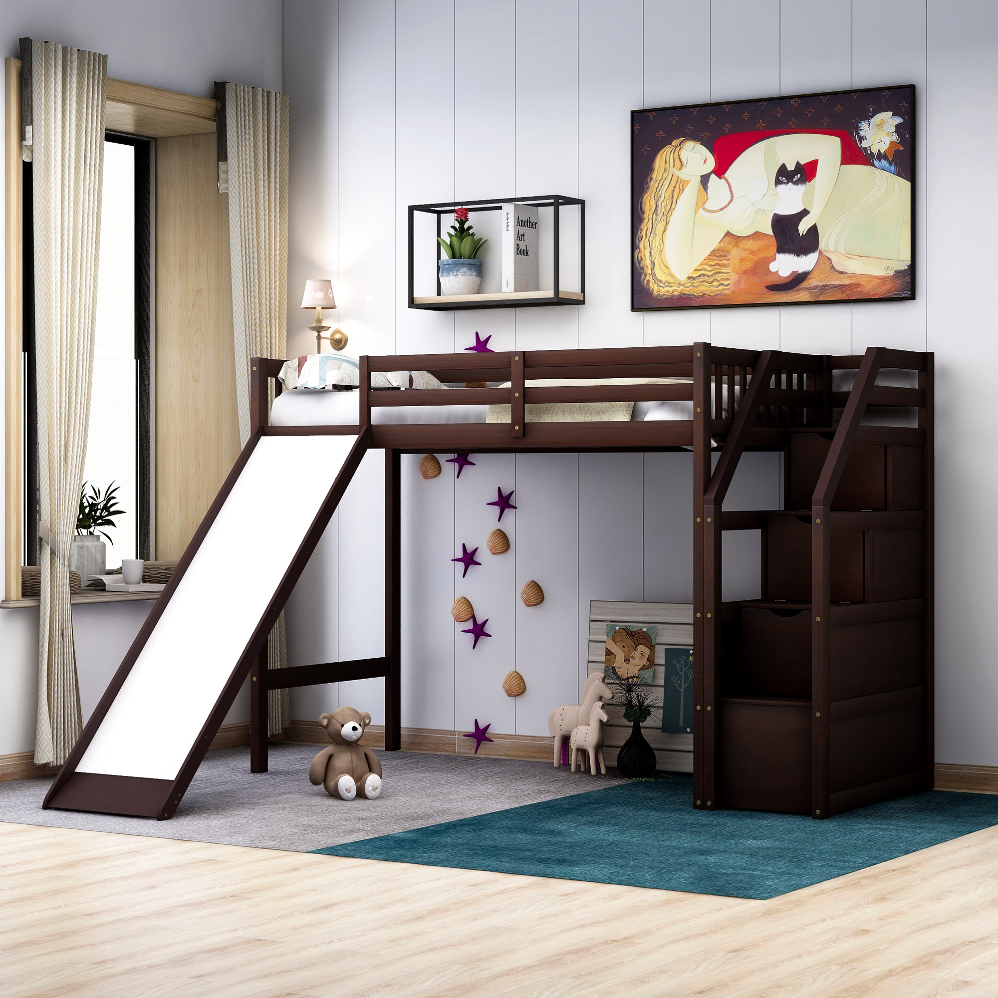 Twin Size Loft Bed with Storage and Slide, Espresso-CASAINC