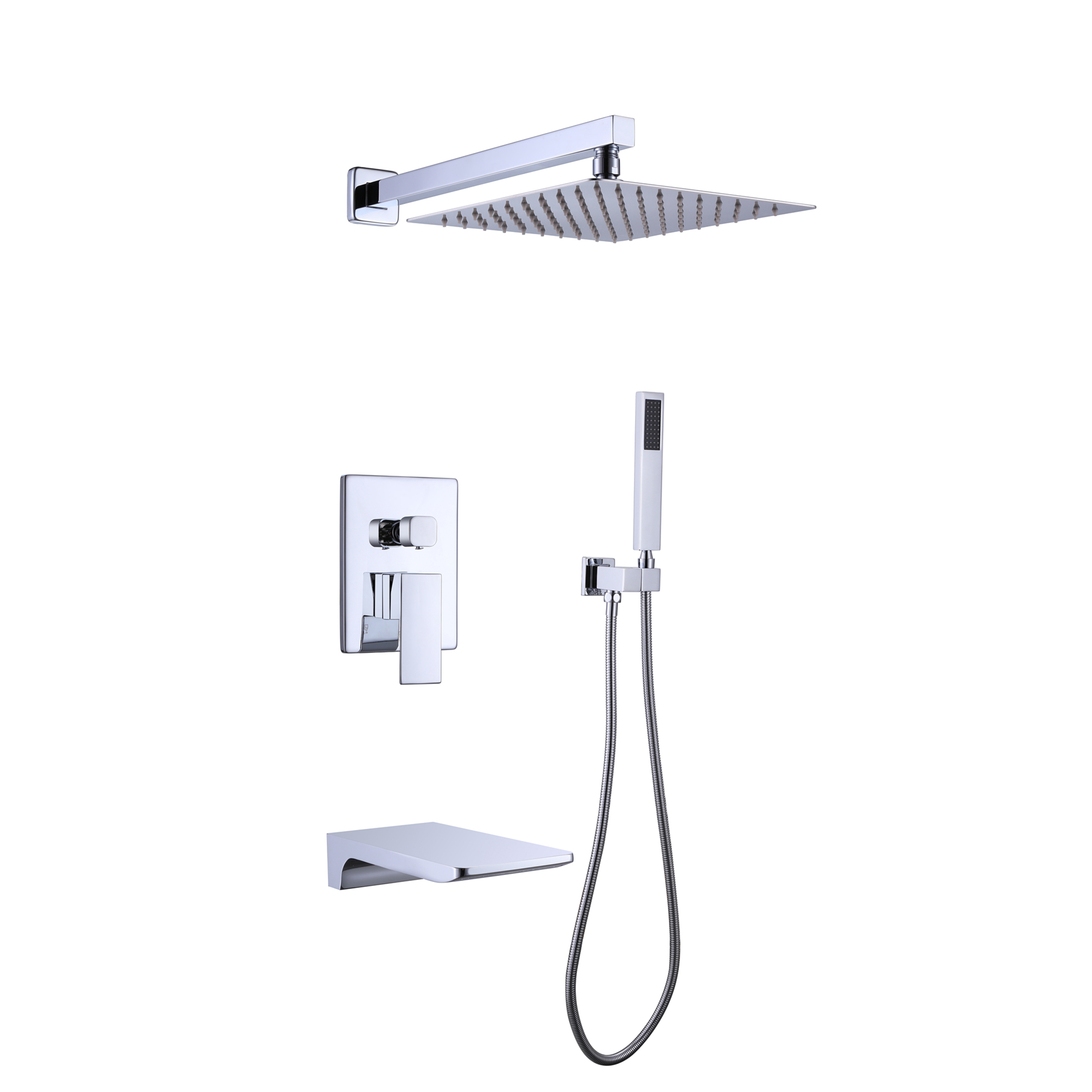 Trustmade Wall Mounted Square Rainfall Pressure Balanced Complteted Shower System with Rough-in Valve, 3 Function, 10 inches Chrome - 3W02-CASAINC